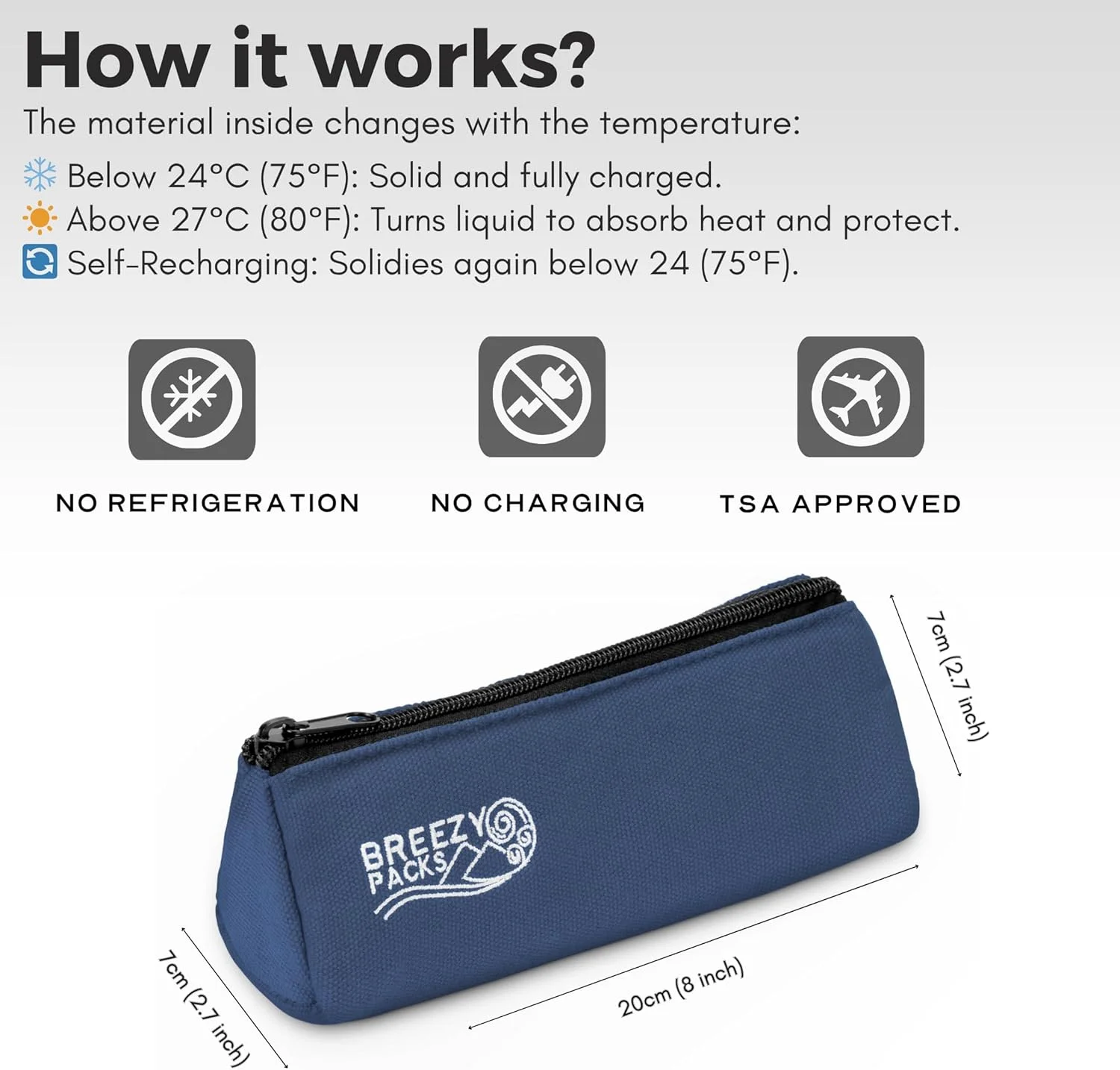 کیف خنک نگهدارنده قلم انسولین BreezyPacks Breezy Basic (کوچک) | کیف حمل قلم اپی نفرین | کیف خنک نگهدارنده دارو | بدون نیاز به خیس کردن، انجماد یا برق | مورد تایید TSA (سرمه ای)