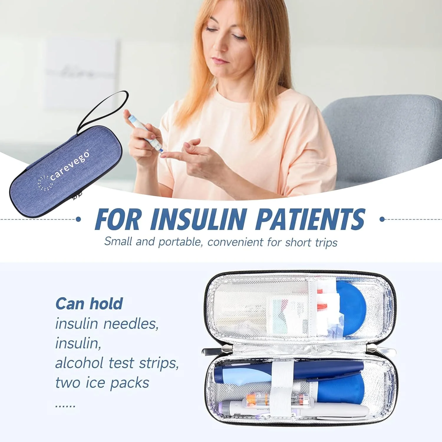 کیف خنک نگهدارنده انسولین مناسب سفر به همراه 2 بسته یخ برای قلم های انسولین و سایر لوازم دیابتی (آبی)