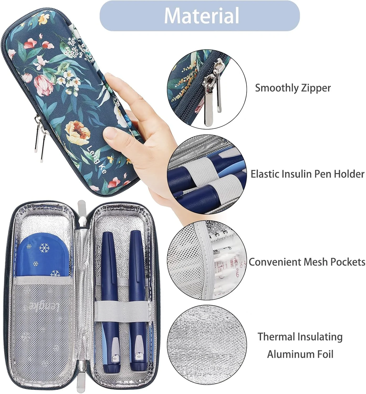 کیف خنک نگهدارنده انسولین، کیف قابل حمل خنک کننده انسولین برای قلم های انسولین، سازمان دهنده حمل لوازم قلم های انسولین با 2 بسته یخ، گل کاملیا اولیفرا، جمع و جور