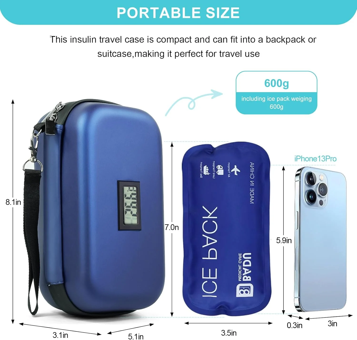 کیف خنک نگهدارنده دارو مسافرتی 24 ساعته، مناسب برای سفر، دارای دماسنج و نمایشگر دما، کیف سازمان دهنده داروی یخچال دار با 2 بسته یخ