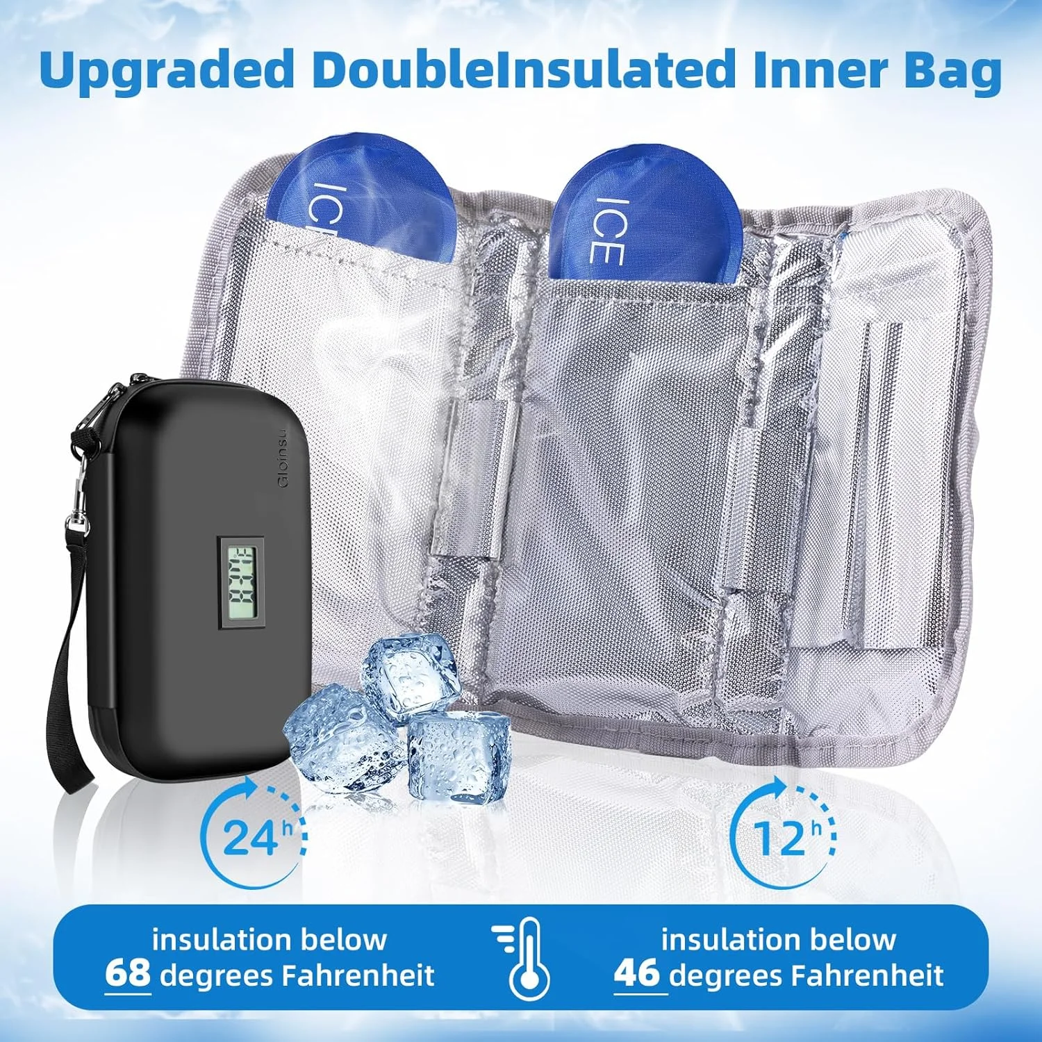 کیف خنک نگهدارنده انسولین مسافرتی 24 ساعته مورد تایید TSA - خنک نگهدارنده داروی دیابتی با نمایشگر دما و دماسنج | کیف سازمان دهنده داروی یخچال دار با 2 بسته یخ برای مسافرت