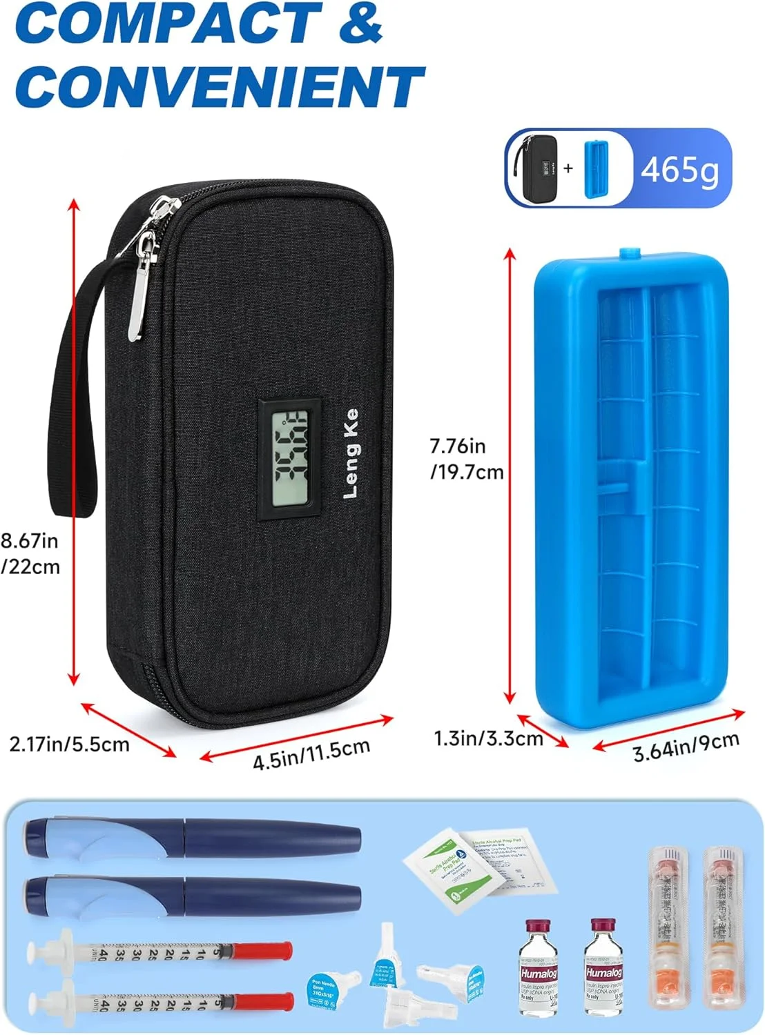 کیف خنک نگهدارنده انسولین LengKe، کیف مسافرتی دارو با قابلیت حمل در هواپیما و دارای آجر یخی محافظ، کیف خنک کننده داروی دیابتی با نمایشگر دما برای قلم و ویال (مشکی)