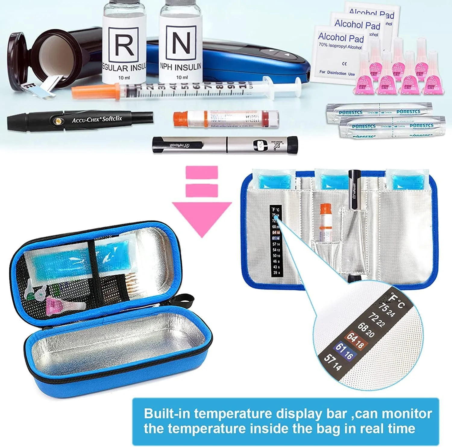 کیف خنک نگهدارنده انسولین LECCE - کیف عایق دار قابل حمل برای قلم انسولین، دستگاه قند خون و لوازم دیابتی با 2 بسته یخ خنک کننده (آبی) کیف خنک نگهدارنده انسولین LECCE - کیف عایق دار قابل حمل برای قلم انسولین، دستگاه قند خون و لوازم دیابتی با 2 بسته یخ خنک کننده (آبی)