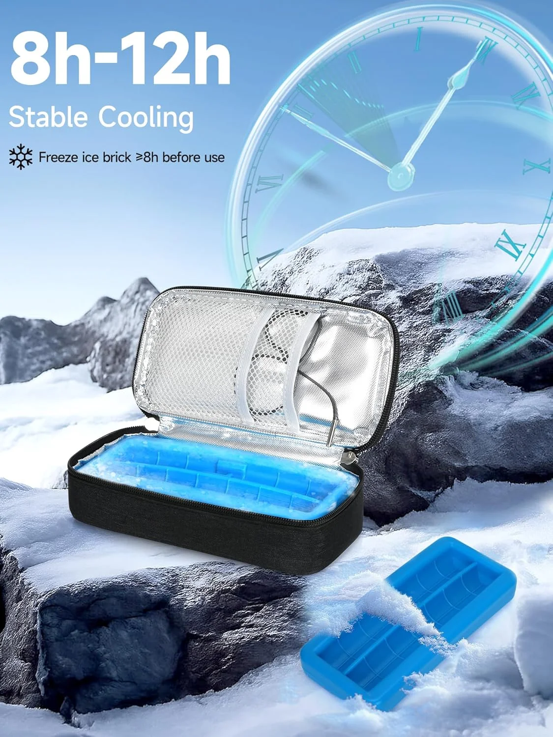 کیف خنک نگهدارنده انسولین LengKe، کیف مسافرتی دارو با قابلیت حمل در هواپیما و دارای آجر یخی محافظ، کیف خنک کننده داروی دیابتی با نمایشگر دما برای قلم و ویال (مشکی)