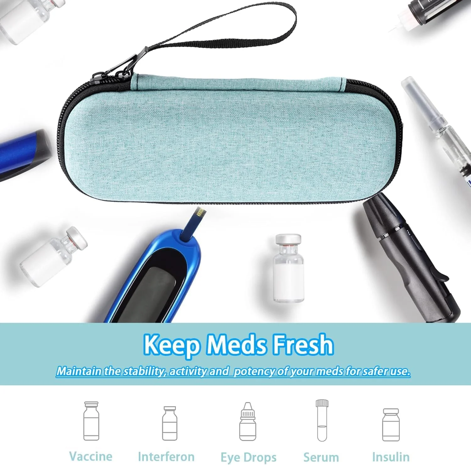 کیف خنک نگهدارنده دارو، کیف قابل حمل دارو با 2 بسته یخ، سازمان دهنده عایق بندی شده با جیب های توری برای داروی دیابتی، برای استفاده روزانه و سفر
