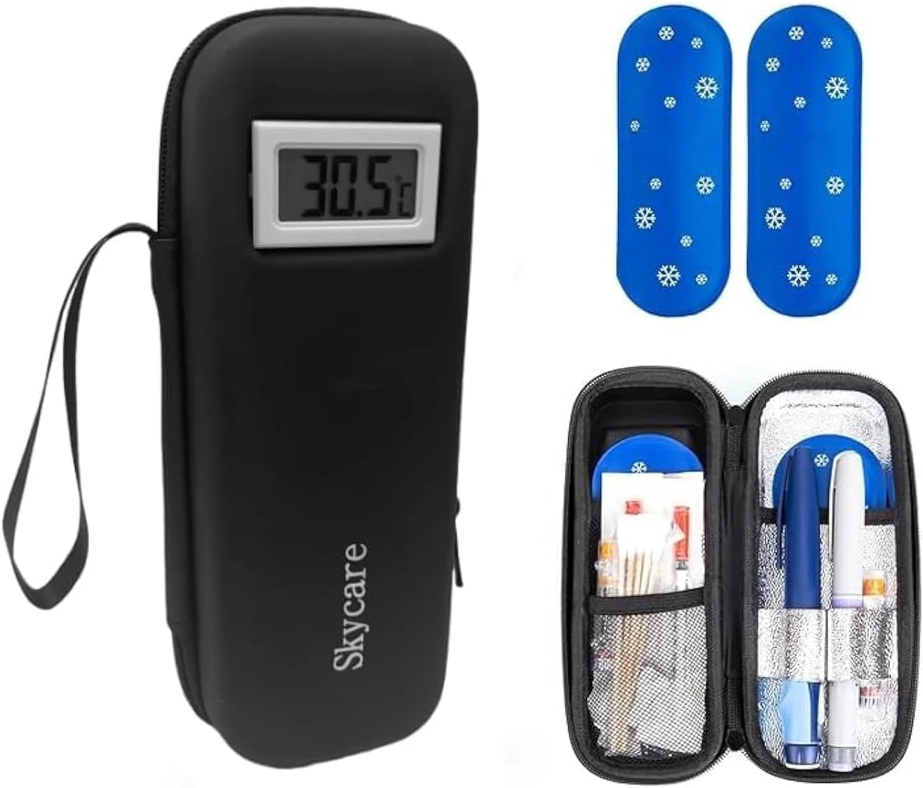 کیف خنک نگهدارنده انسولین Skycare - خنک نگهدارنده داروی دیابت مورد تایید TSA با نمایش دمای لحظه ای و 2 بسته یخ قابل استفاده مجدد (مشکی) کیف خنک نگهدارنده انسولین Skycare - خنک نگهدارنده داروی دیابت مورد تایید TSA با نمایش دمای لحظه ای و 2 بسته یخ قابل استفاده مجدد (مشکی)