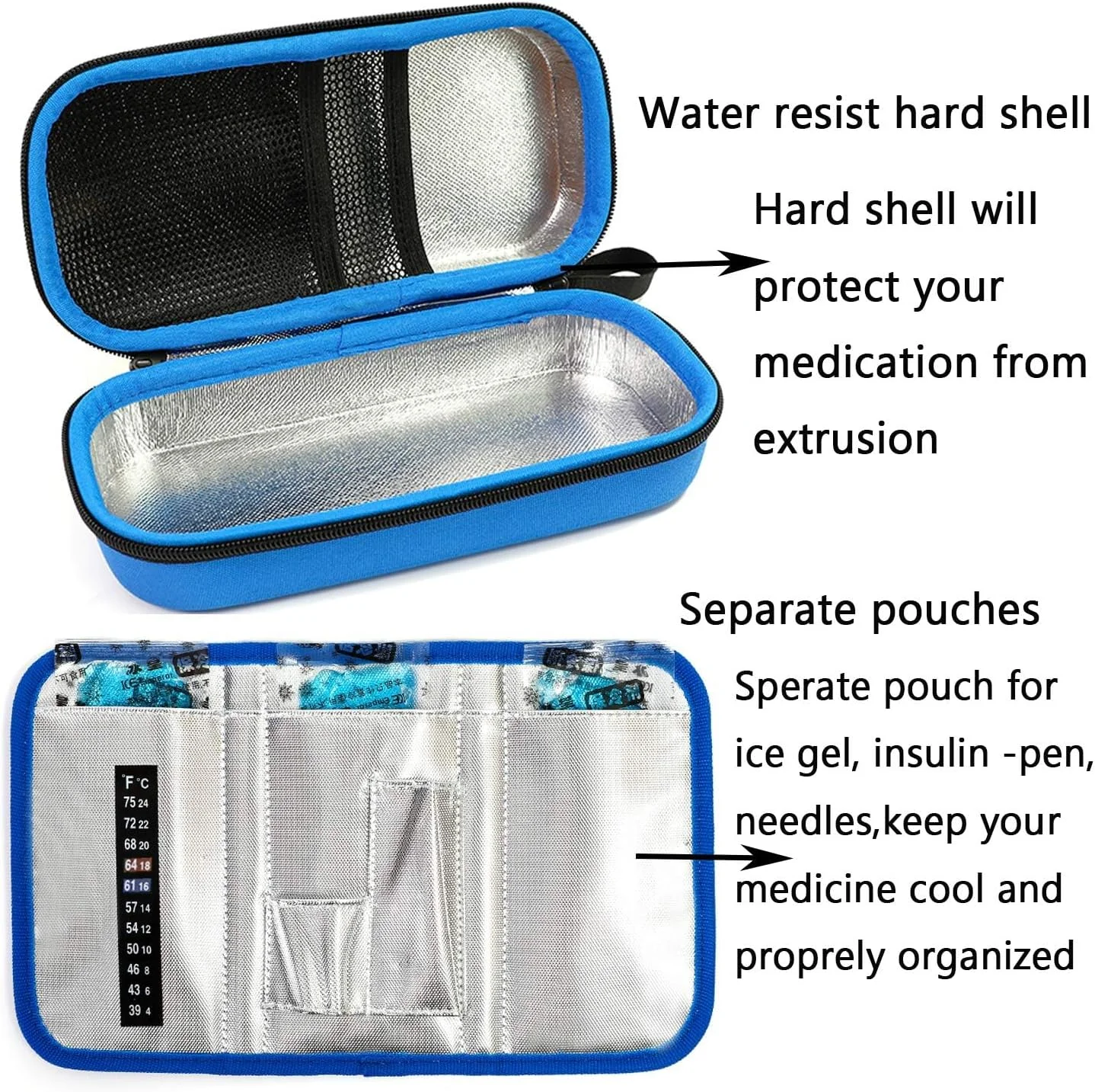کیف خنک نگهدارنده قابل حمل انسولین، با نمایشگر دما، بدنه سخت EVA ضد آب، لوازم پزشکی، کیف خنک کننده عایق دارویی مناسب برای افراد دیابتی به همراه 3 بسته یخ (آبی) کیف خنک نگهدارنده قابل حمل انسولین، با نمایشگر دما، بدنه سخت EVA ضد آب، لوازم پزشکی، کیف خنک کننده عایق دارویی مناسب برای افراد دیابتی به همراه 3 بسته یخ (آبی)