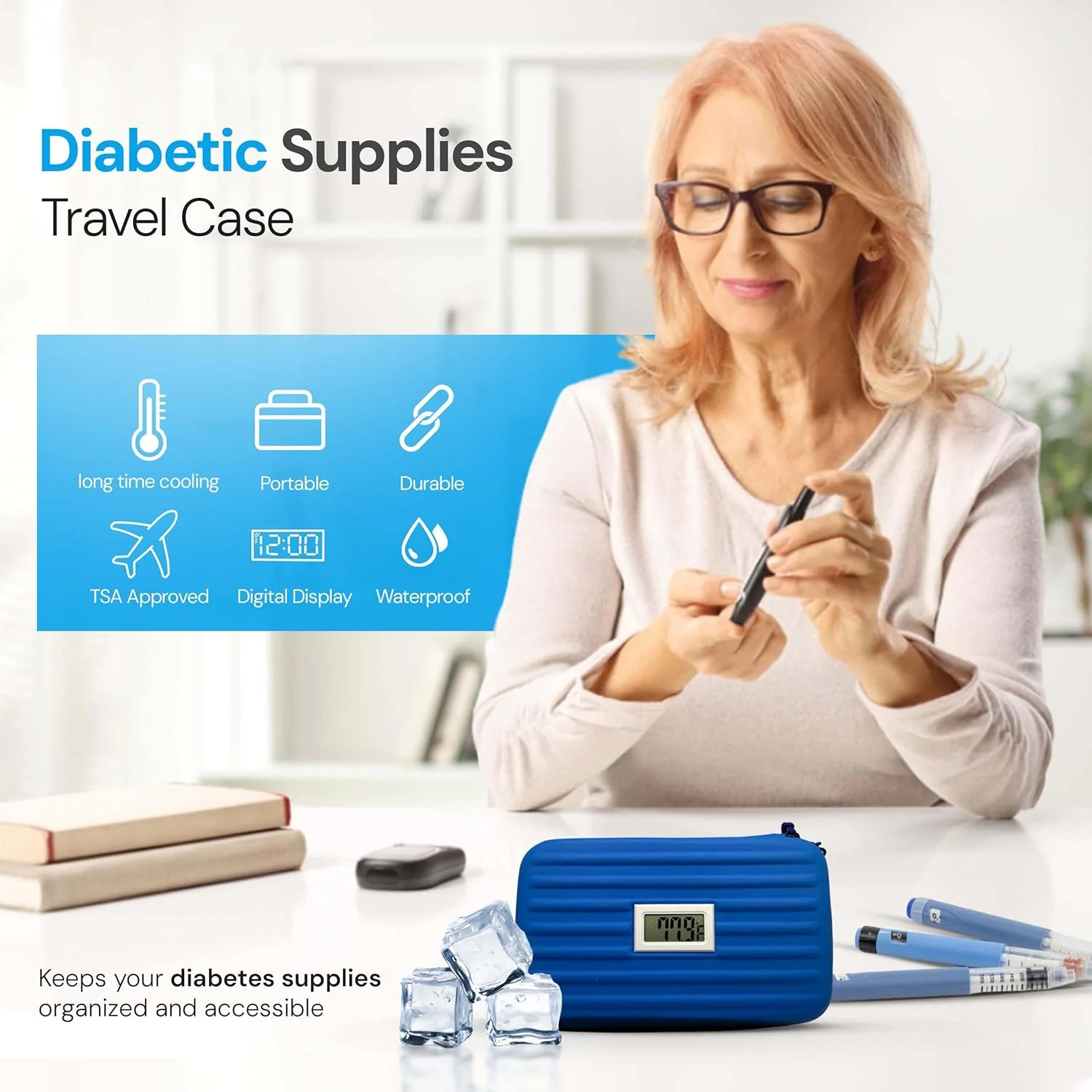 کیف خنک نگهدارنده دارو مسافرتی با نمایشگر دما، کیف خنک کننده قلم دارو، کیف دیابت برای لوازم با 2 بسته یخ (آبی) کیف خنک نگهدارنده دارو مسافرتی با نمایشگر دما، کیف خنک کننده قلم دارو، کیف دیابت برای لوازم با 2 بسته یخ (آبی)
