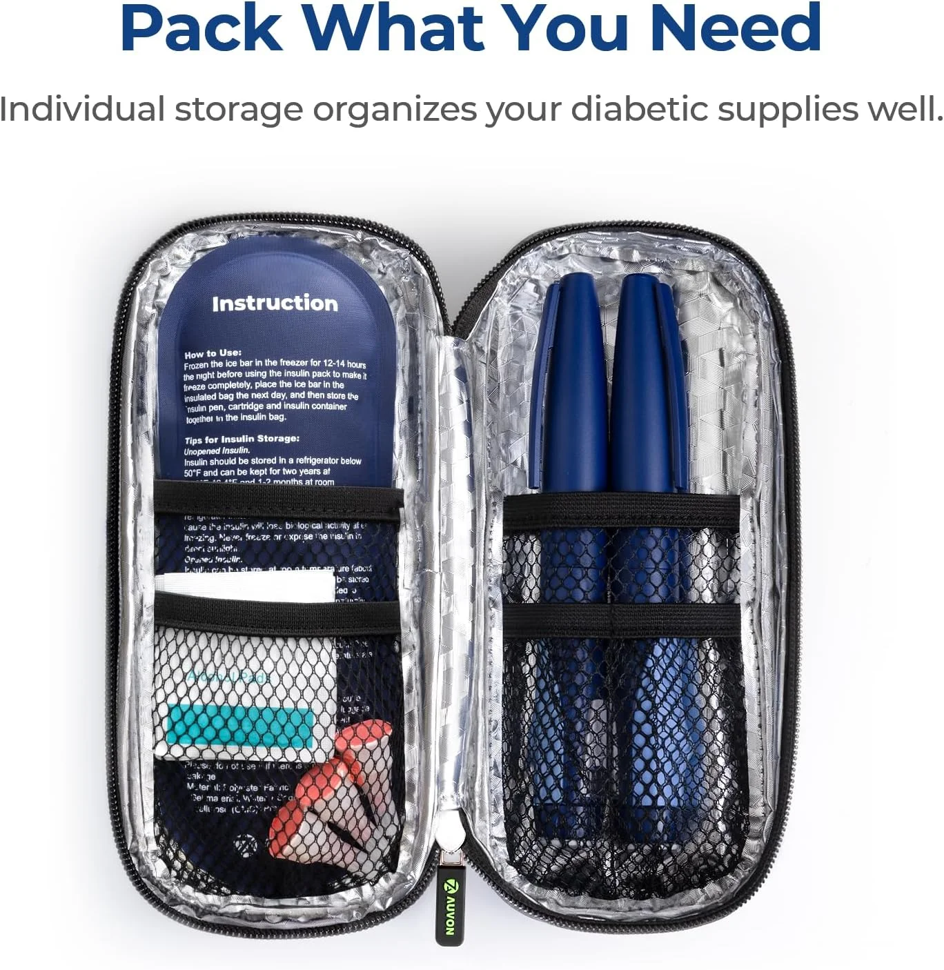 کیف خنک نگهدارنده قلم انسولین AUVON با 2 بسته یخ 90 گرمی مورد تایید TSA، کیف خنک کننده عایق دار داروهای دیابتی برای قلم های انسولین و نگهداری لوازم دیابتی، جمع و جور برای زندگی روزمره و سفرها