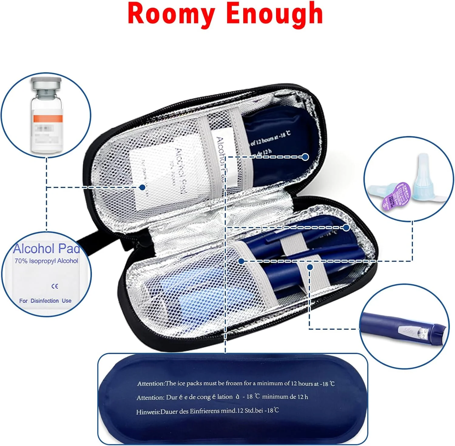 کیف خنک نگهدارنده قلم انسولین با 2 کیسه یخ، کیف حمل عایق دار داروهای دیابتی برای قلم انسولین و سایر لوازم دیابتی، کوچک و جمع و جور برای زندگی روزمره و سفر (مشکی، M)