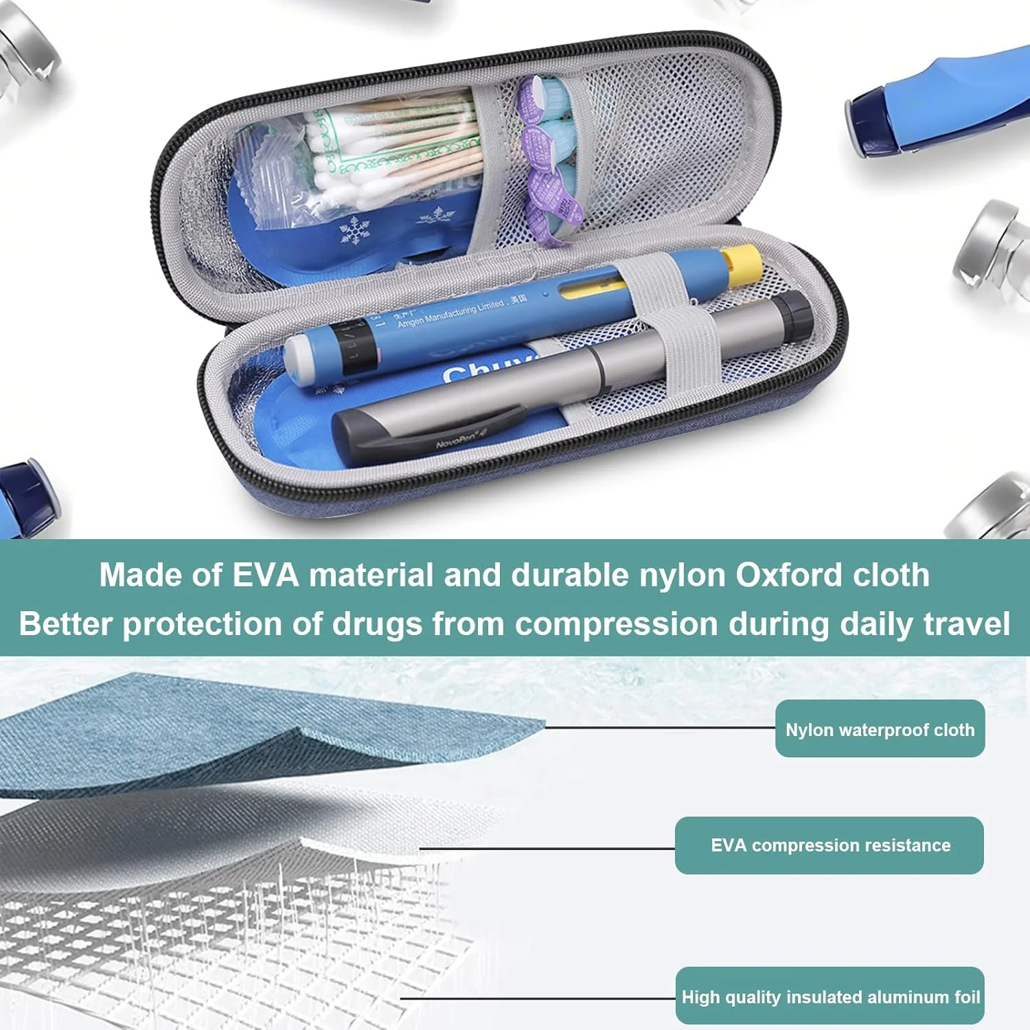 کیف خنک نگهدارنده انسولین JKYVAA، قابل حمل، کوچک، عایق دار، آبی رنگ، مناسب برای قلم انسولین، سوزن، اپی پن و سرنگ های انسولین (بدون بسته یخ)