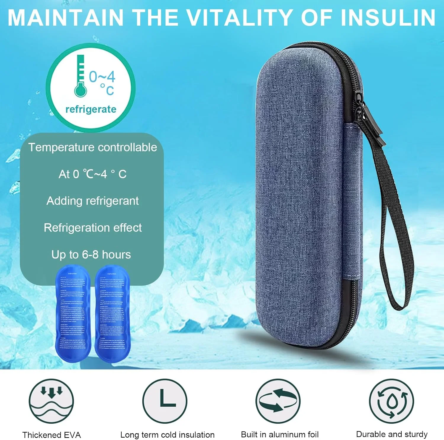 کیف خنک نگهدارنده انسولین JKYVAA، قابل حمل، کوچک، عایق دار، آبی رنگ، مناسب برای قلم انسولین، سوزن، اپی پن و سرنگ های انسولین (بدون بسته یخ)