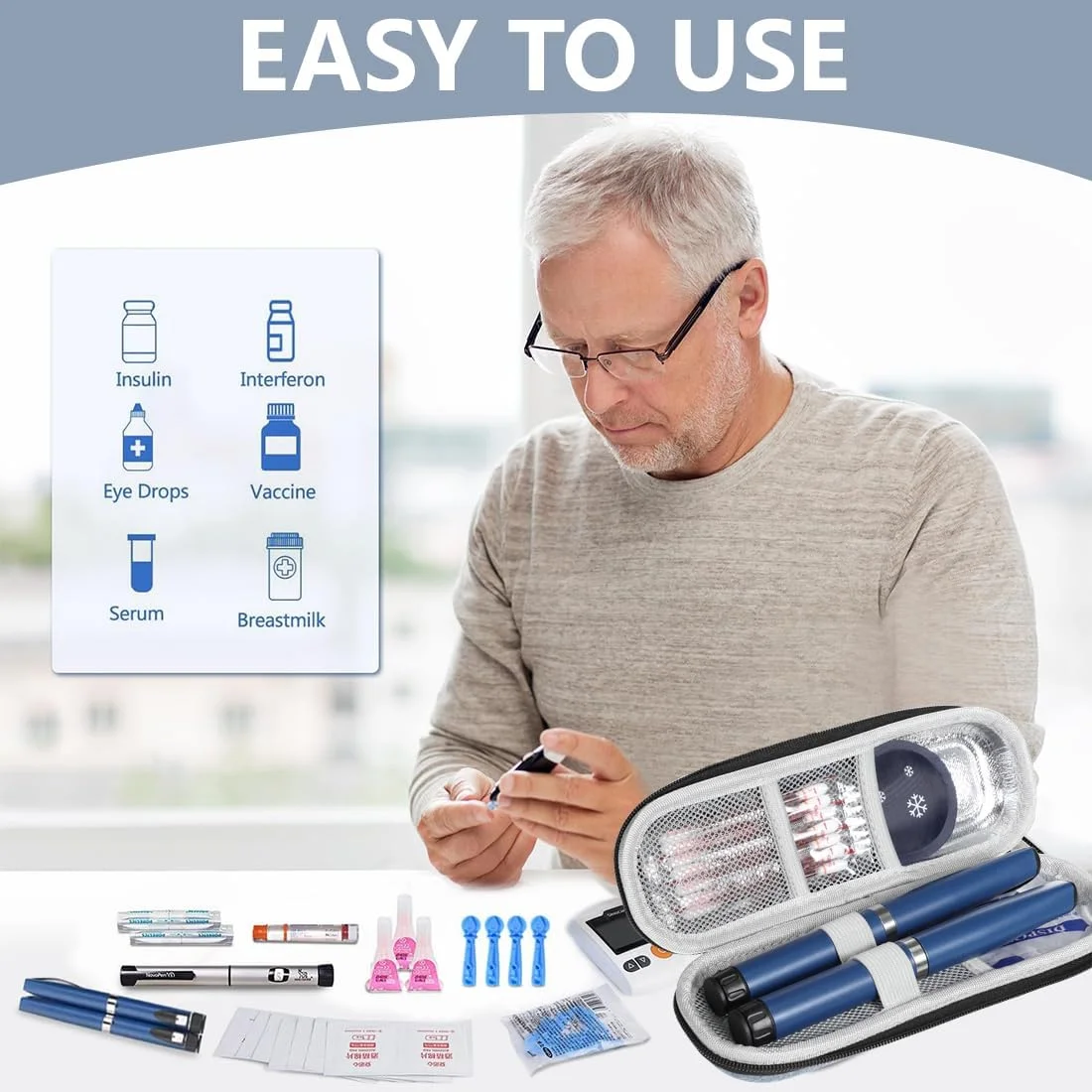 کیف خنک کننده مسافرتی دارو، کیف خنک کننده دیابتی برای سفر با 1 بسته یخ، سازمان دهنده عایق برای قلم های انسولین و سایر لوازم دیابتی