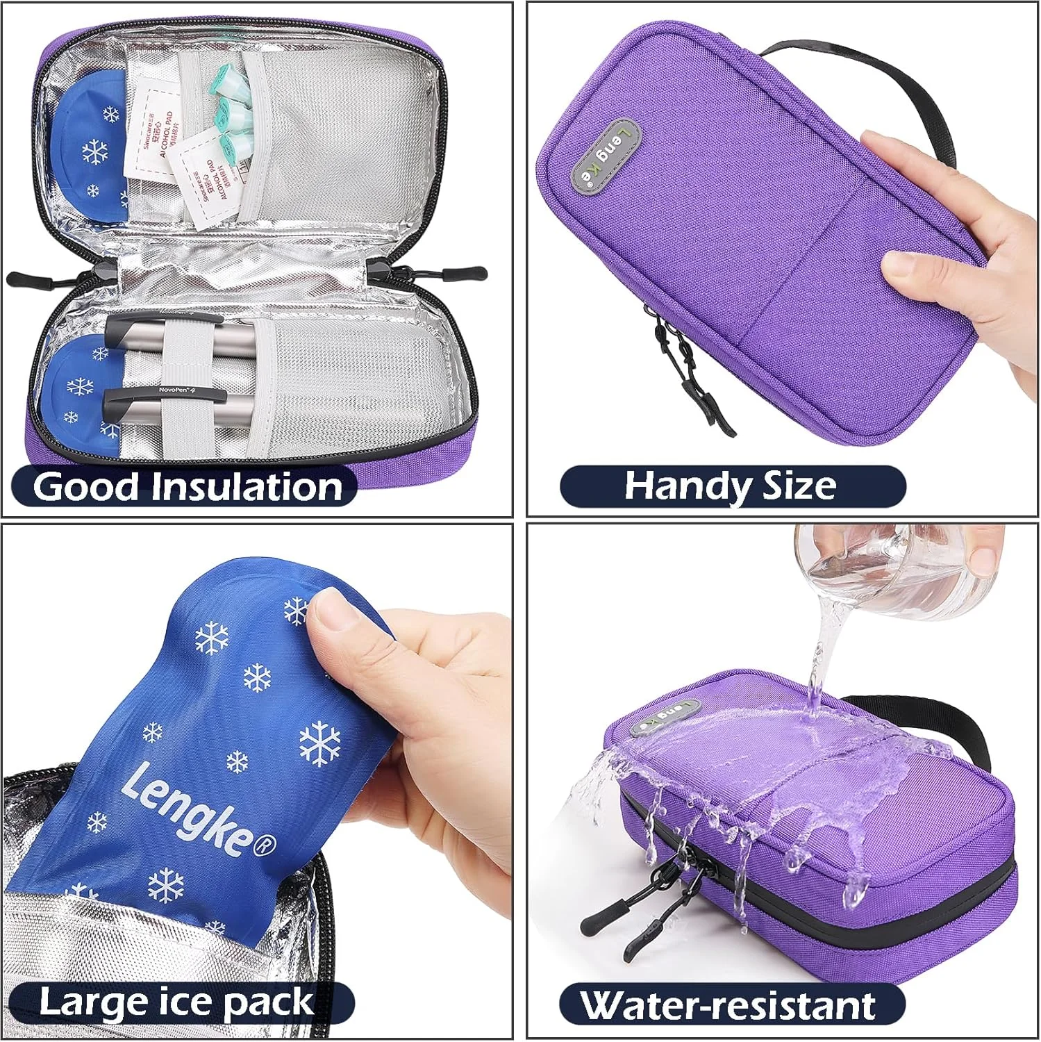 کیف خنک نگهدارنده دارو OVAKIA به همراه 2 بسته یخ ژله‌ای، کیف دیابتی برای حمل دارو، لوازم عایق قابل حمل برای خنک نگه داشتن دارو (بنفش)