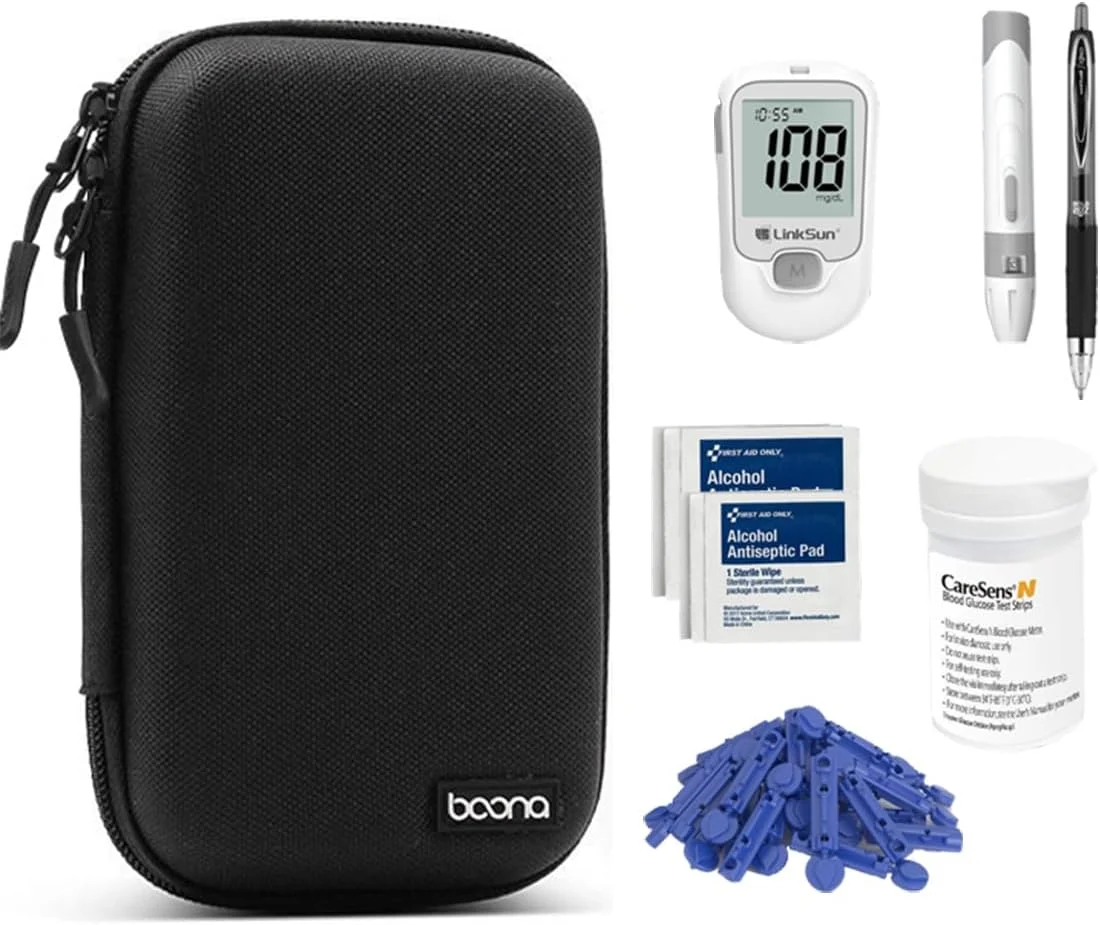 کیف کوچک محافظ سخت برای لوازم دیابتی، جعبه نگهداری کیت تست برای دستگاه گلوکز، نوار تست، دستگاه لنست، لنست، سیستم پایش قند خون، کیف لوازم دیابت (مشکی)