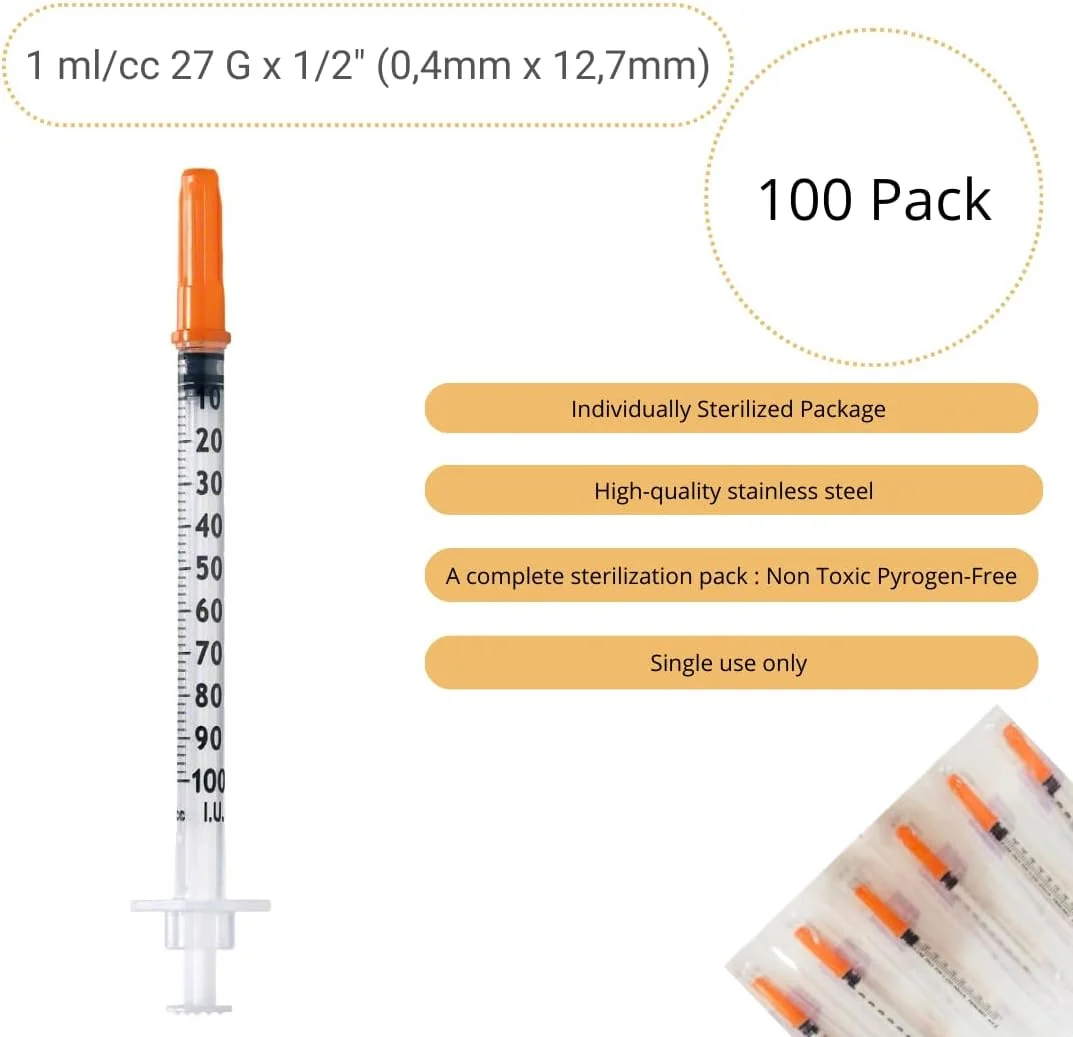 ۱۰۰ عدد لوله پلاستیکی ۱ میلی لیتر/سی سی 27G (0.4 x 12.7 میلی متر) ابزار اندازه گیری چند منظوره بسته بندی شده جداگانه (27G 1/2") ۱۰۰ عدد لوله پلاستیکی ۱ میلی لیتر/سی سی 27G (0.4 x 12.7 میلی متر) ابزار اندازه گیری چند منظوره بسته بندی شده جداگانه (27G 1/2")