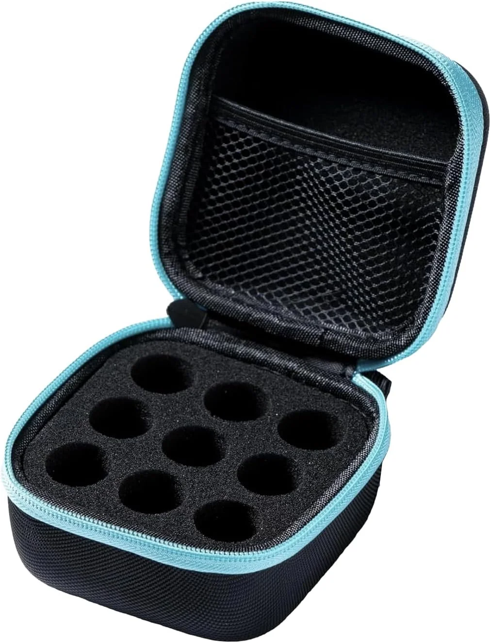 کیف نگهدارنده انسولین، محافظ ویال انسولین، کیف خنک کننده انسولین، سازمان دهنده مسافرتی مناسب برای ویال های استاندارد 10 میلی لیتری U-100، مناسب برای ویال های بلند نیست، لبه های مشکی و آبی، 9 اسلات با زیپ (فقط کیف)