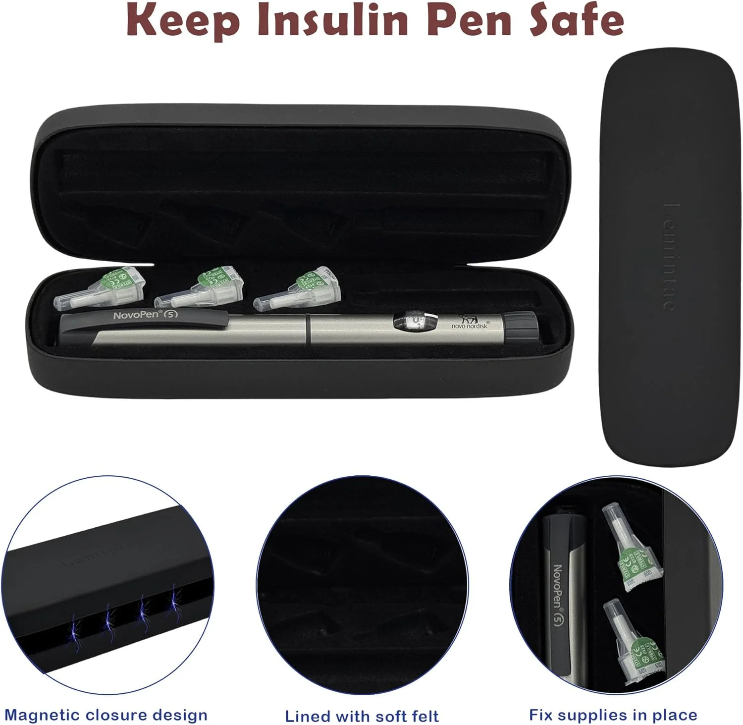 کیف قلم انسولین برای 1 قلم انسولین، 3 سوزن و 1 کارتریج، نگهدارنده قلم تزریق انسولین و سوزن، کیف مسافرتی قابل حمل دیابت برای نگهداری منظم و ایمن لوازم دیابتی (فقط کیف)