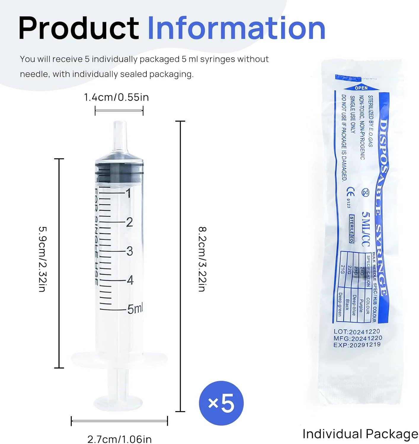 سرنگ 5 میلی لیتری، 5 عدد سرنگ پلاستیکی 5 میلی لیتری بدون سوزن، سرنگ کلستروم قابل استفاده مجدد با درپوش، سرنگ استریل برای آزمایشگاه های علمی، اپلیکاتور چسب، تغذیه حیوانات خانگی و آبیاری، بسته بندی جداگانه