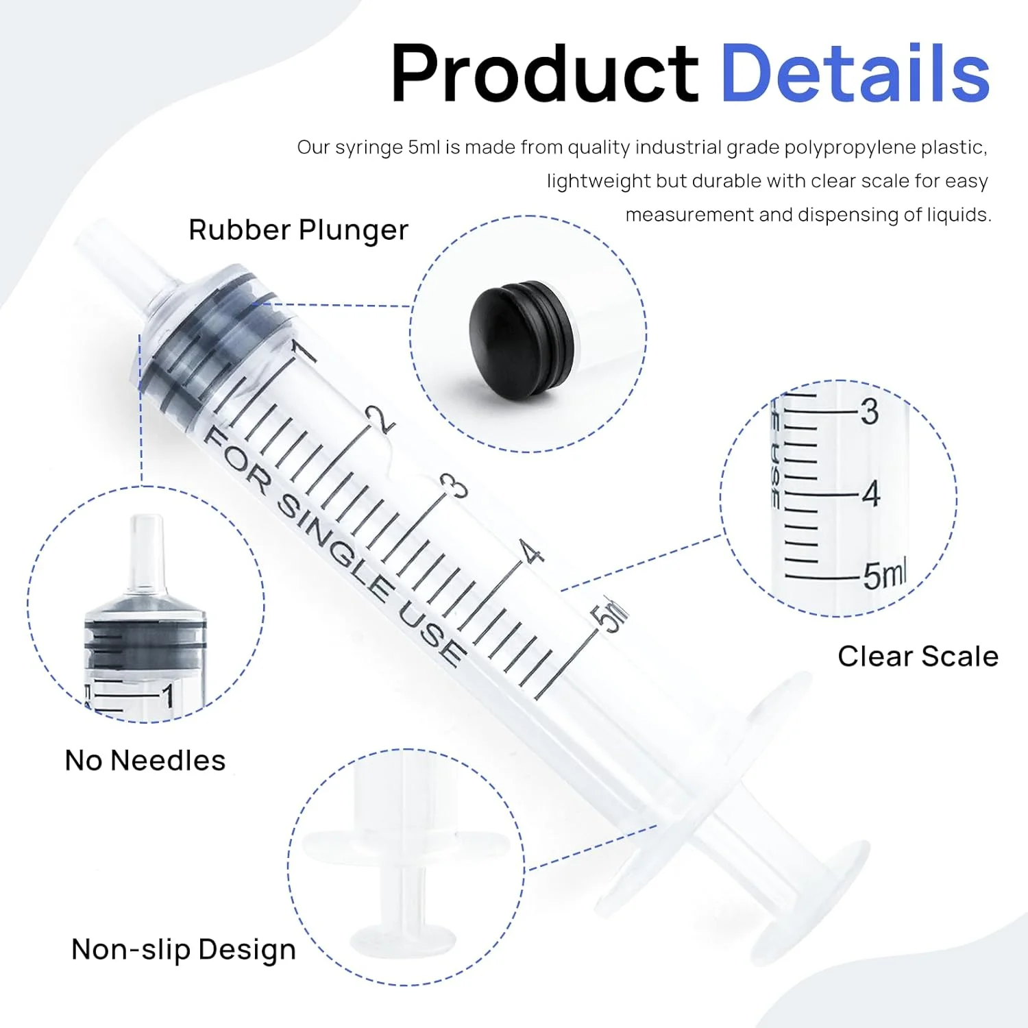 سرنگ 5 میلی لیتری، 5 عدد سرنگ پلاستیکی 5 میلی لیتری بدون سوزن، سرنگ کلستروم قابل استفاده مجدد با درپوش، سرنگ استریل برای آزمایشگاه های علمی، اپلیکاتور چسب، تغذیه حیوانات خانگی و آبیاری، بسته بندی جداگانه