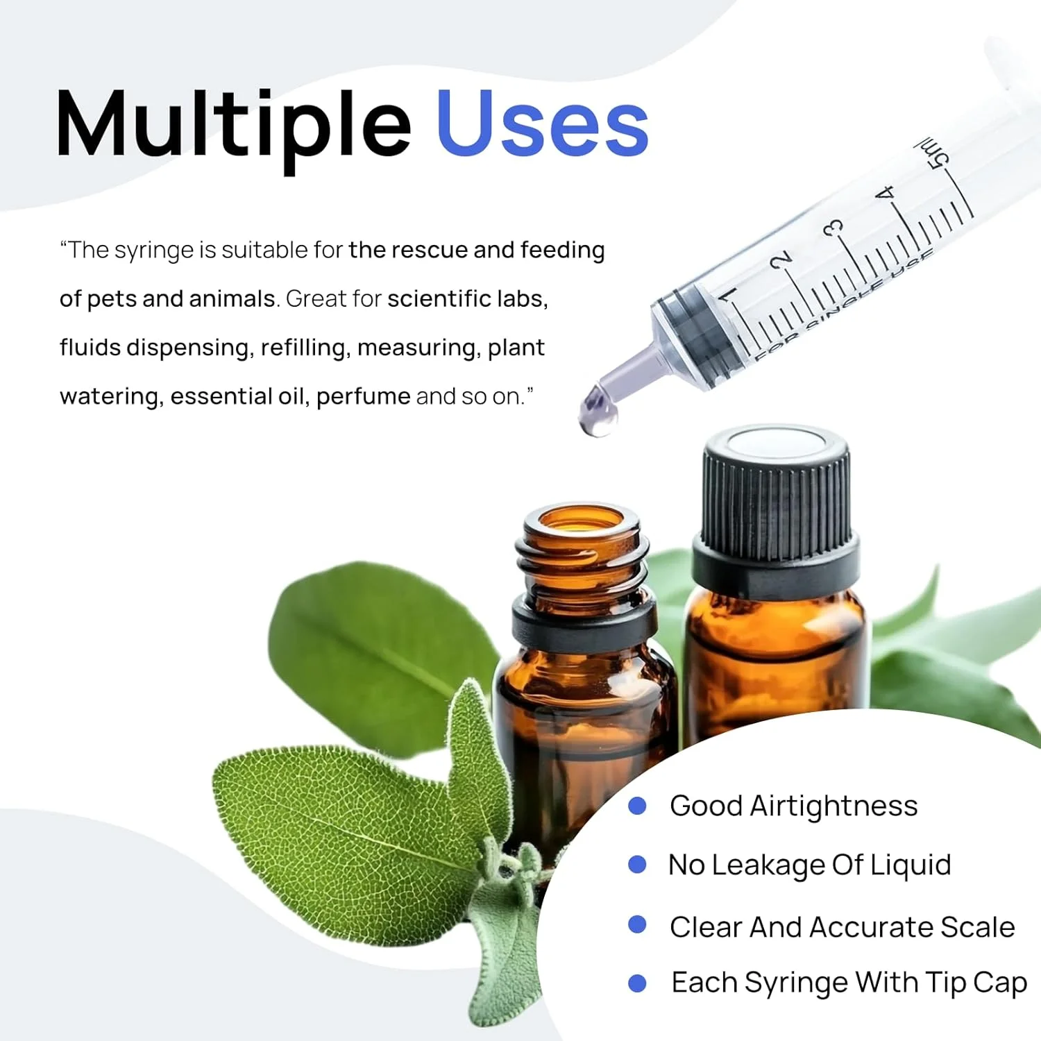 سرنگ 5 میلی لیتری، 5 عدد سرنگ پلاستیکی 5 میلی لیتری بدون سوزن، سرنگ کلستروم قابل استفاده مجدد با درپوش، سرنگ استریل برای آزمایشگاه های علمی، اپلیکاتور چسب، تغذیه حیوانات خانگی و آبیاری، بسته بندی جداگانه