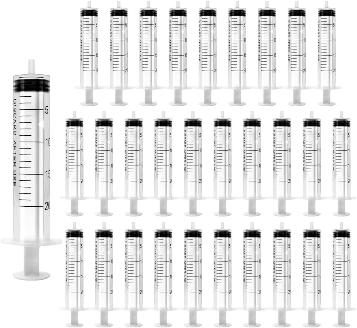 سرنگ ایجن - بسته بندی جداگانه با درپوش، دارای اندازه گیری، برای آزمایشگاه های علمی، اندازه گیری مایعات، تغذیه حیوانات خانگی، استفاده از روغن یا چسب (بسته 30 عددی 20 میلی لیتری)