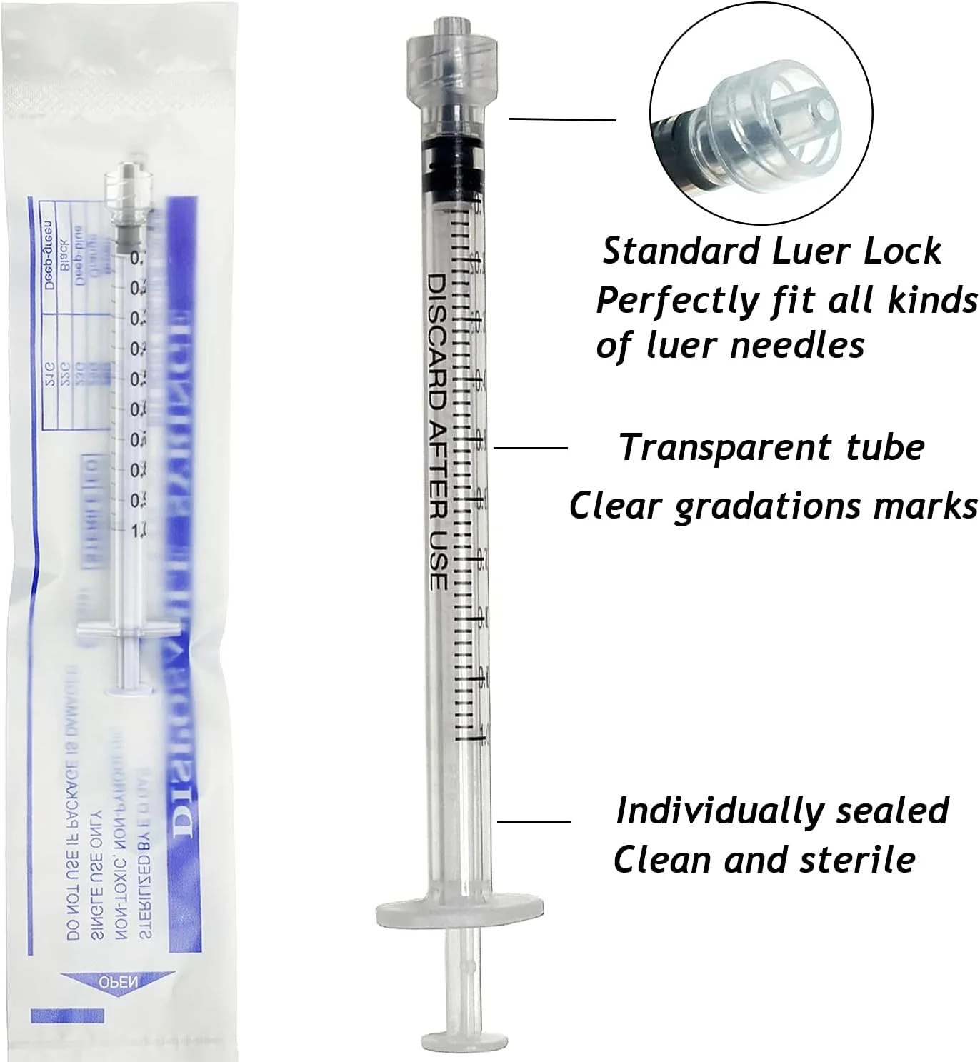 مجموعه ۲۰ عددی سرنگ ۱ میلی لیتری پلاستیکی با نوک لوئر لاک، بسته بندی استریل تکی، بدون سوزن مجموعه ۲۰ عددی سرنگ ۱ میلی لیتری پلاستیکی با نوک لوئر لاک، بسته بندی استریل تکی، بدون سوزن