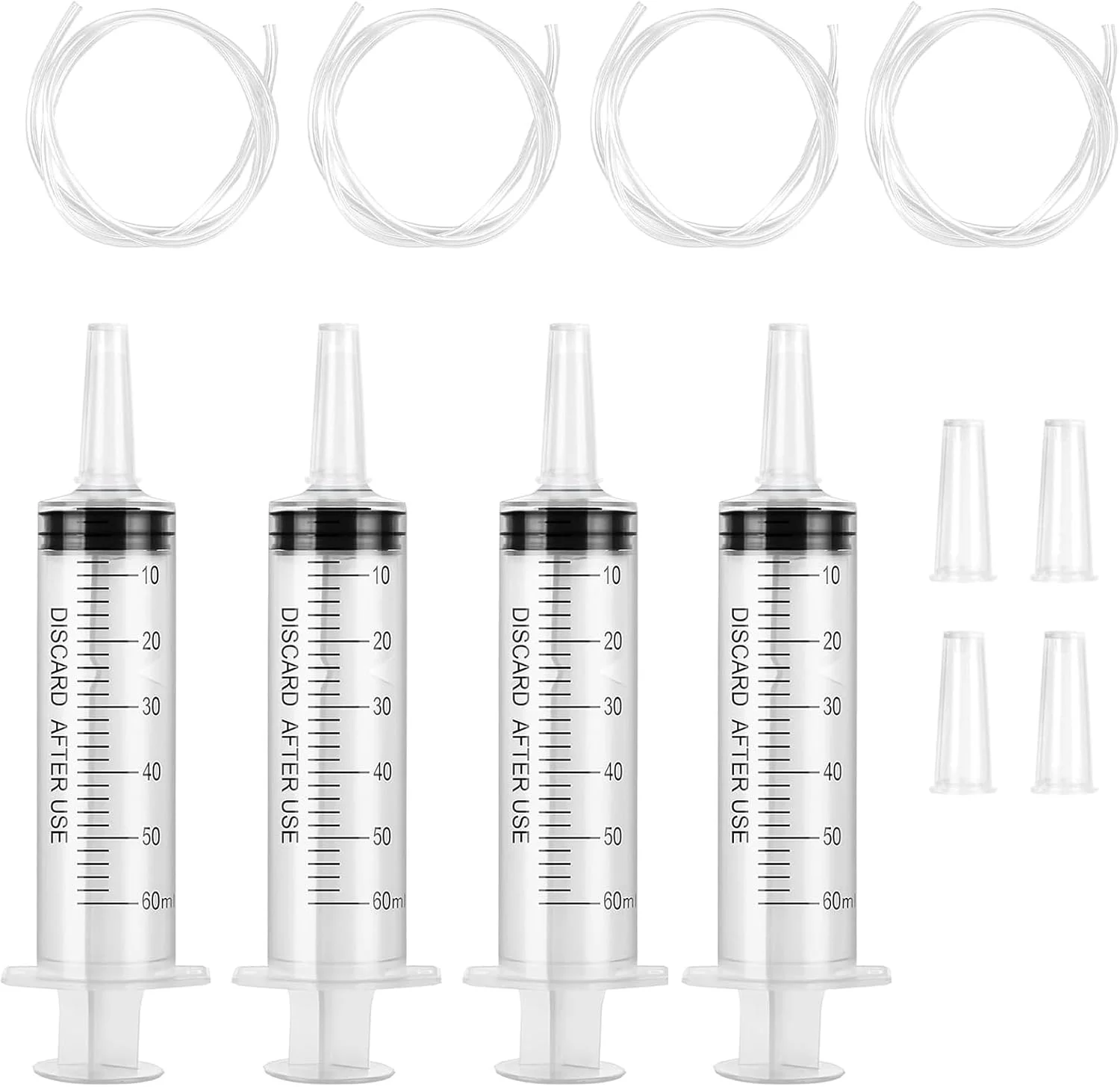 ۴ عدد سرنگ ۶۰ میلی لیتری با شلنگ برای آزمایشگاه های علمی، بدون سوزن، برای استفاده از روغن یا چسب، آزمایش ها، تغذیه حیوانات خانگی، کاربردهای صنعتی (بسته بندی تکی)