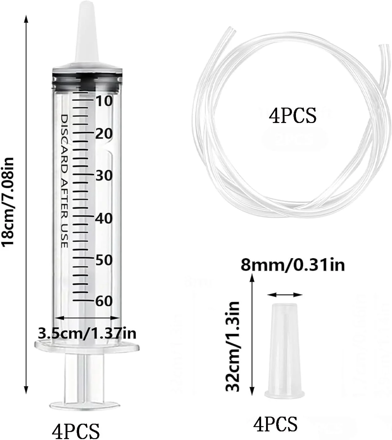۴ عدد سرنگ ۶۰ میلی لیتری با شلنگ برای آزمایشگاه های علمی، بدون سوزن، برای استفاده از روغن یا چسب، آزمایش ها، تغذیه حیوانات خانگی، کاربردهای صنعتی (بسته بندی تکی)