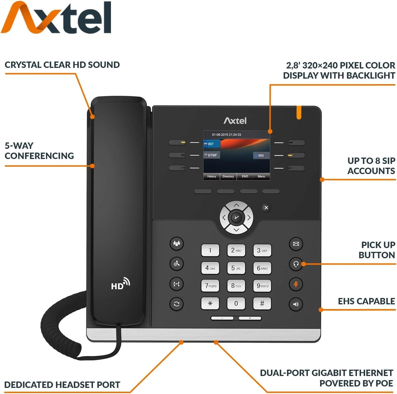 تلفن تحت شبکه HD مدل AX-400G مناسب شرکت ها - تلفن رنگی گیگابیتی با صفحه نمایش 2.8 اینچی TFT LCD با رزولوشن 320x240 و صدای HD عالی، تا 8 اکانت SIP و کنفرانس 5 طرفه