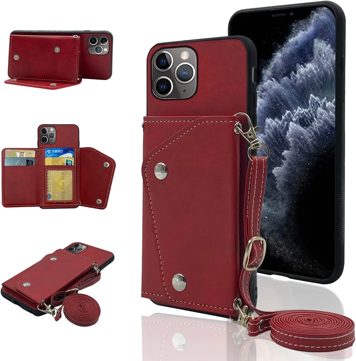 کیف پول چرمی سازگار با آیفون 11 پرو 5.8 با بند شانه ای و استند، دارای جای کارت اعتباری، لوازم جانبی تلفن همراه، کاور گوشی برای آیفون 11 پرو دخترانه - قرمز کیف پول چرمی سازگار با آیفون 11 پرو 5.8 با بند شانه ای و استند، دارای جای کارت اعتباری، لوازم جانبی تلفن همراه، کاور گوشی برای آیفون 11 پرو دخترانه - قرمز