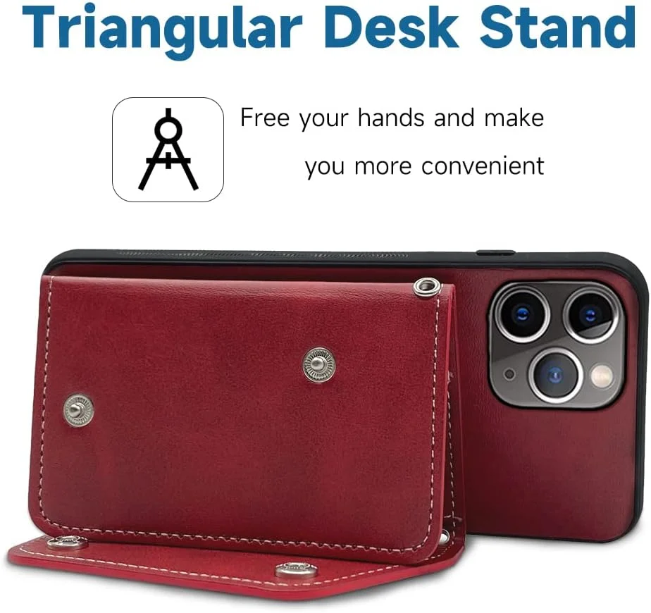 کیف پول چرمی سازگار با آیفون 11 پرو 5.8 با بند شانه ای و استند، دارای جای کارت اعتباری، لوازم جانبی تلفن همراه، کاور گوشی برای آیفون 11 پرو دخترانه - قرمز