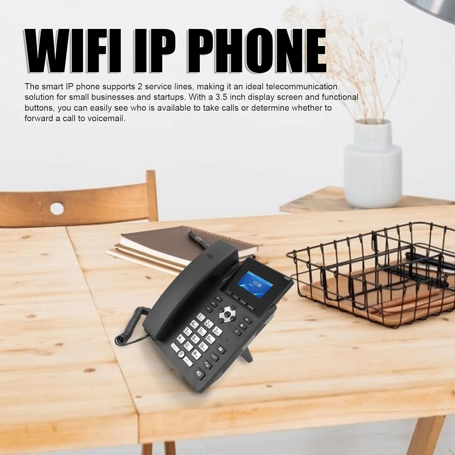 تلفن تحت شبکه وای فای، صفحه نمایش رنگی 3.5 اینچی، 2 خط سرویس، دو باند 2.4G و 5G، اترنت گیگابیتی دو پورت، USB، RJ9، پورت های EHS و فناوری حذف نویز، POE