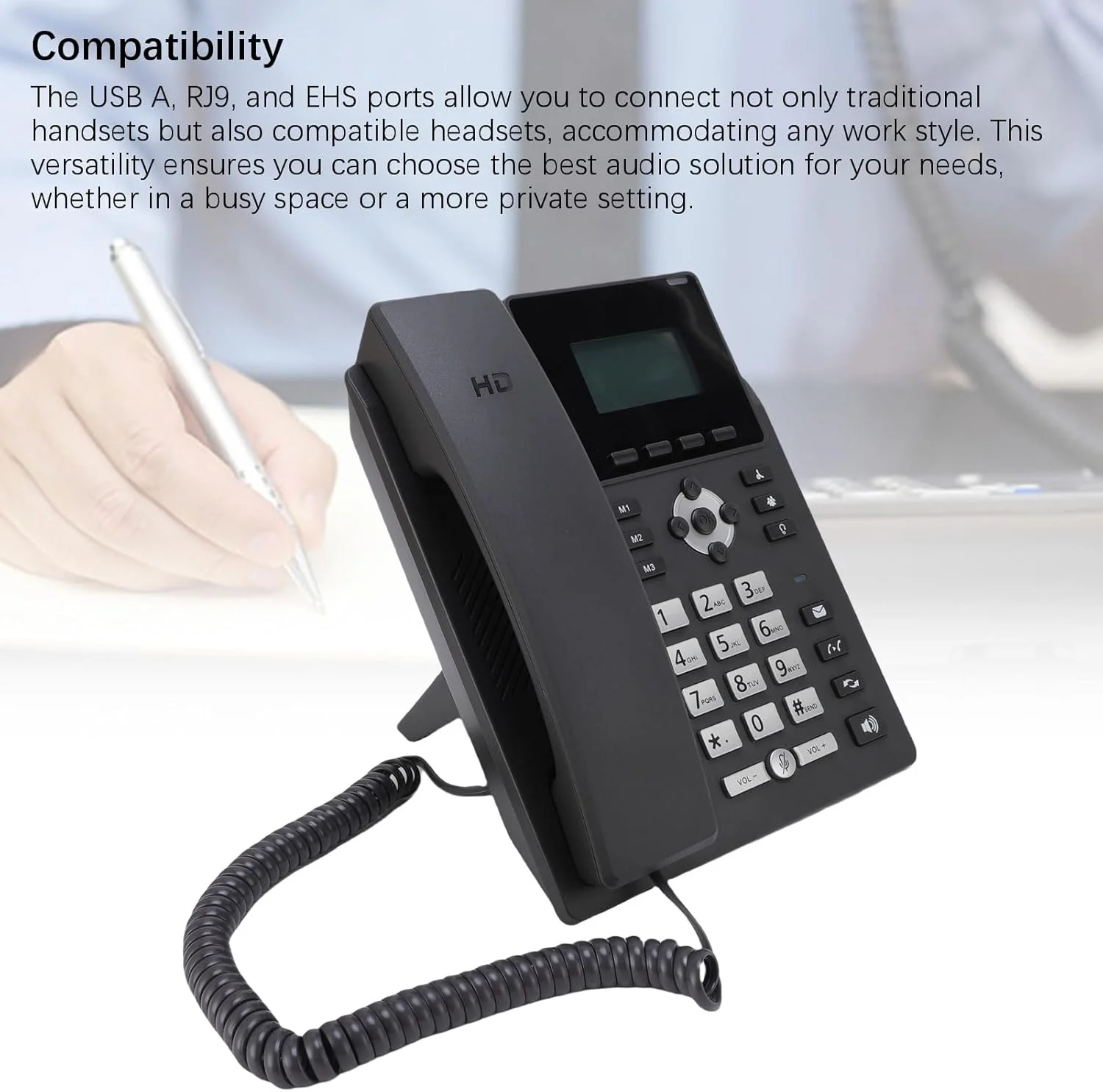 تلفن تحت شبکه وای فای، صفحه نمایش رنگی 3.5 اینچی، 2 خط سرویس، دو باند 2.4G و 5G، اترنت گیگابیتی دو پورت، USB، RJ9، پورت های EHS و فناوری حذف نویز، POE