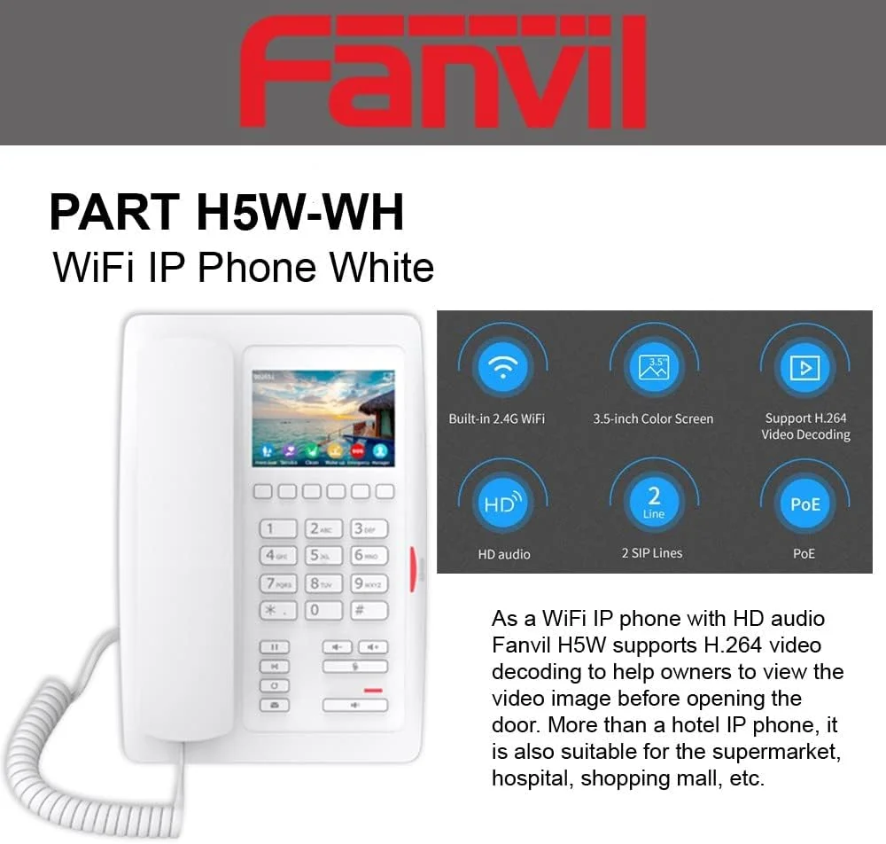تلفن تحت شبکه وای فای Fanvil H5W با صفحه نمایش رنگی 3.5 اینچی و 2 خط SIP مناسب برای بیمارستان، مرکز خرید، هتل (سفید)