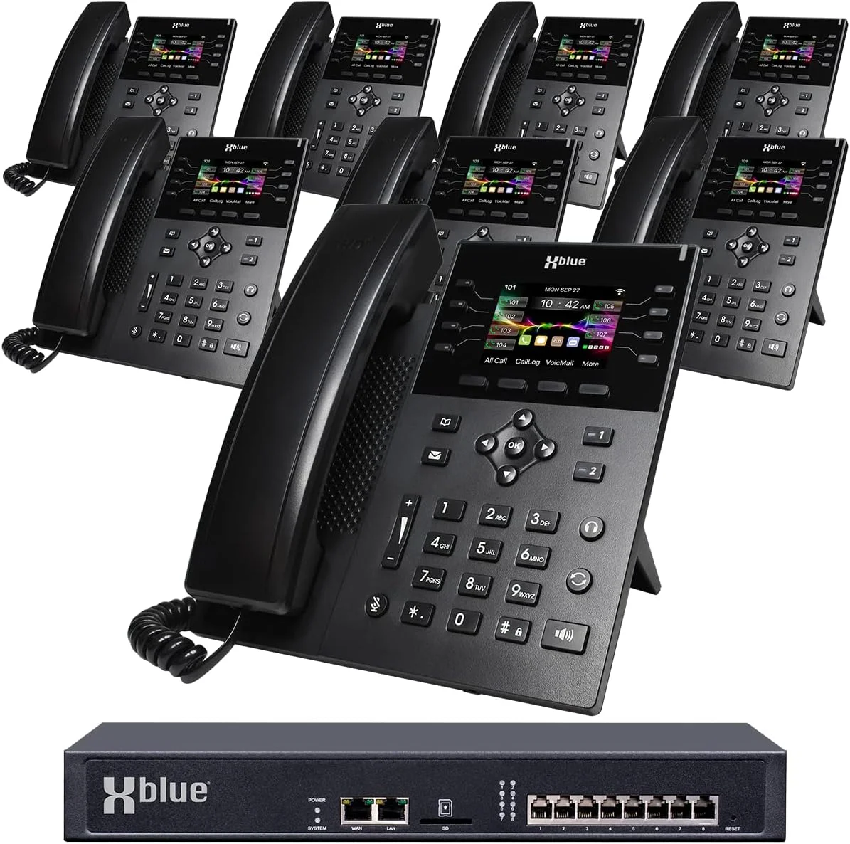 مجموعه سیستم XBLUE QB2 به همراه 8 تلفن IP8g IP شامل اپراتور خودکار، پست صوتی، تلفن همراه و داخلی های تلفن راه دور و ضبط تماس