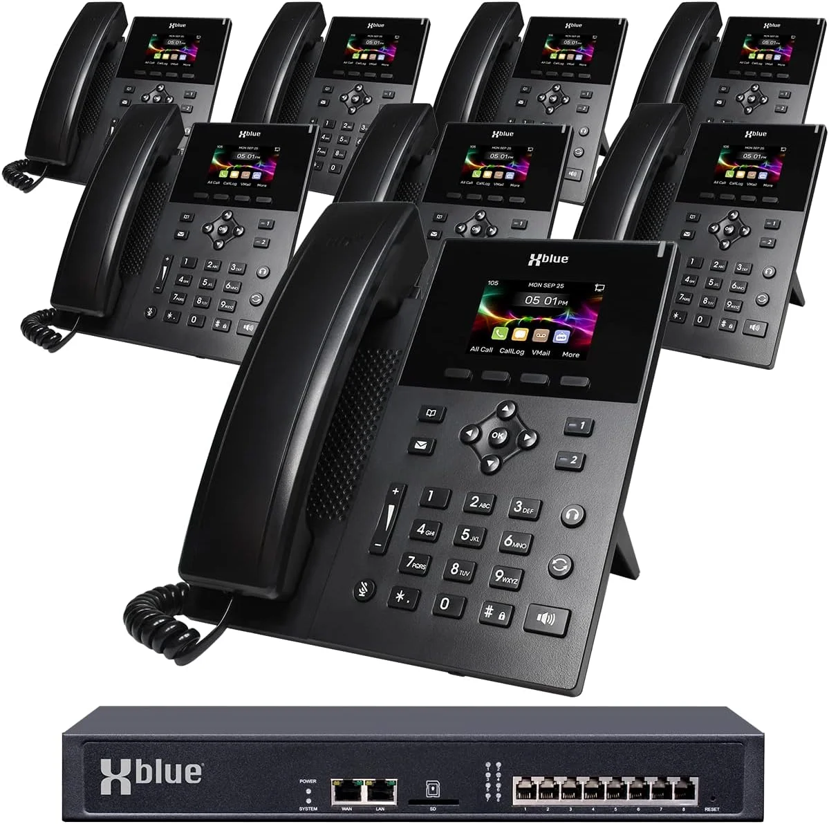 مجموعه سیستم XBLUE QB2 با 8 تلفن IP5g IP شامل اپراتور خودکار، پست صوتی، توسعه تلفن همراه و راه دور و ضبط تماس