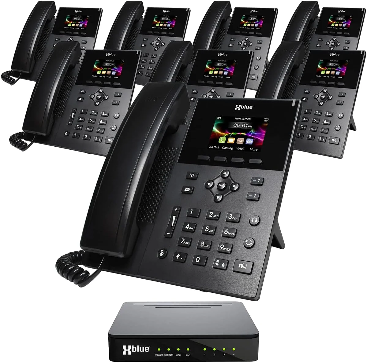 مجموعه سیستم XBLUE QB1 با 8 تلفن IP5g IP شامل اپراتور خودکار، پست صوتی، تلفن همراه و داخلی های تلفن از راه دور و ضبط تماس
