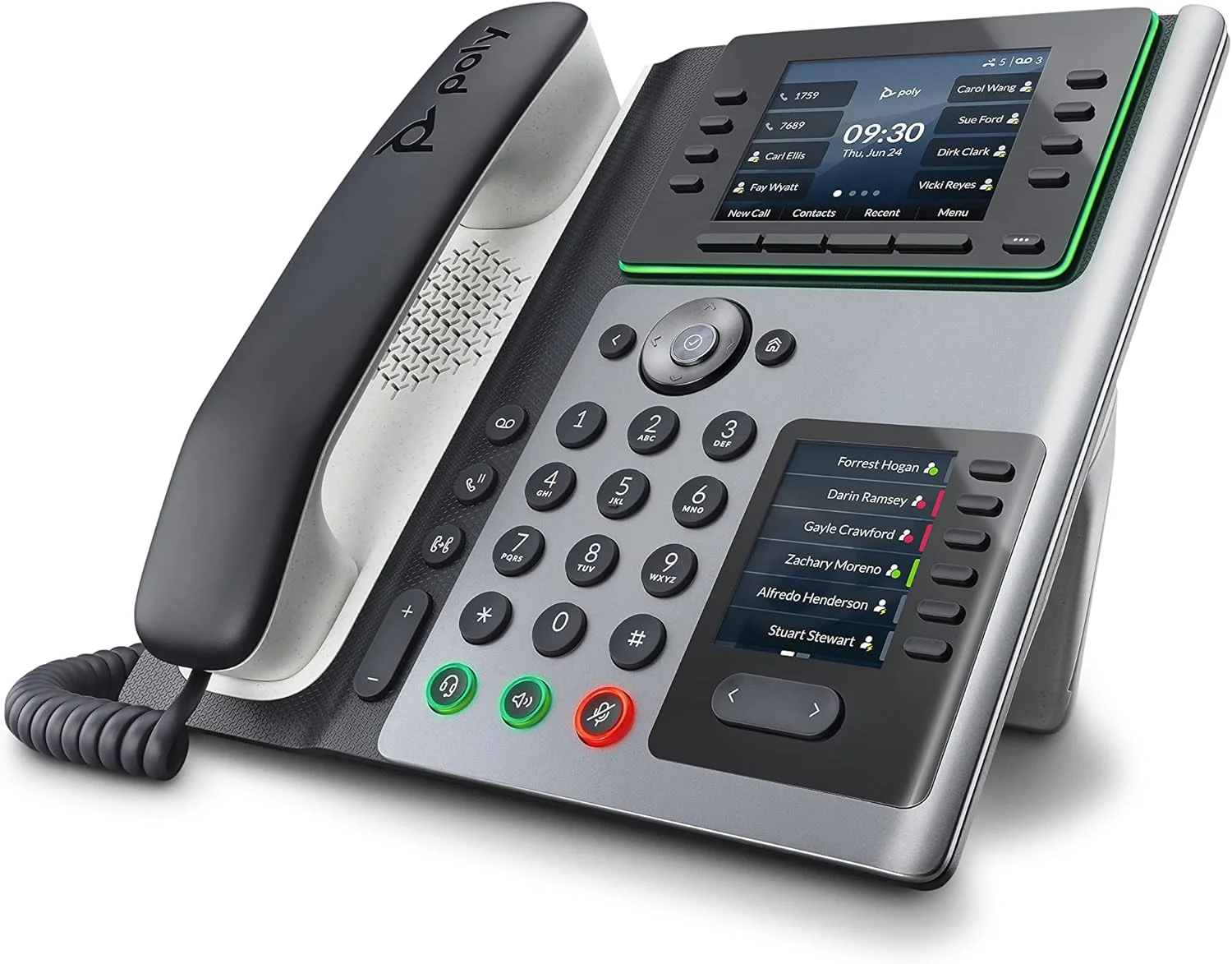 تلفن رومیزی تحت شبکه پلنترونیکس Poly Edge E400 (به همراه Polycom) طراحی شده برای کار ترکیبی، دارای 8 کلید خط که از 32 خط پشتیبانی می کند - بلوتوث یکپارچه برای اتصال تلفن همراه و هدست
