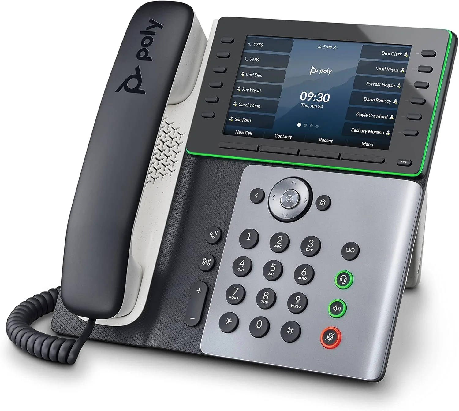 تلفن رومیزی تحت شبکه Poly Edge E500 (Plantronics + Polycom) طراحی شده برای کار ترکیبی، دارای ۱۲ کلید خط برای حداکثر ۴۸ خط، تبدیل متن به گفتار و گزینه های دسترسی جدید