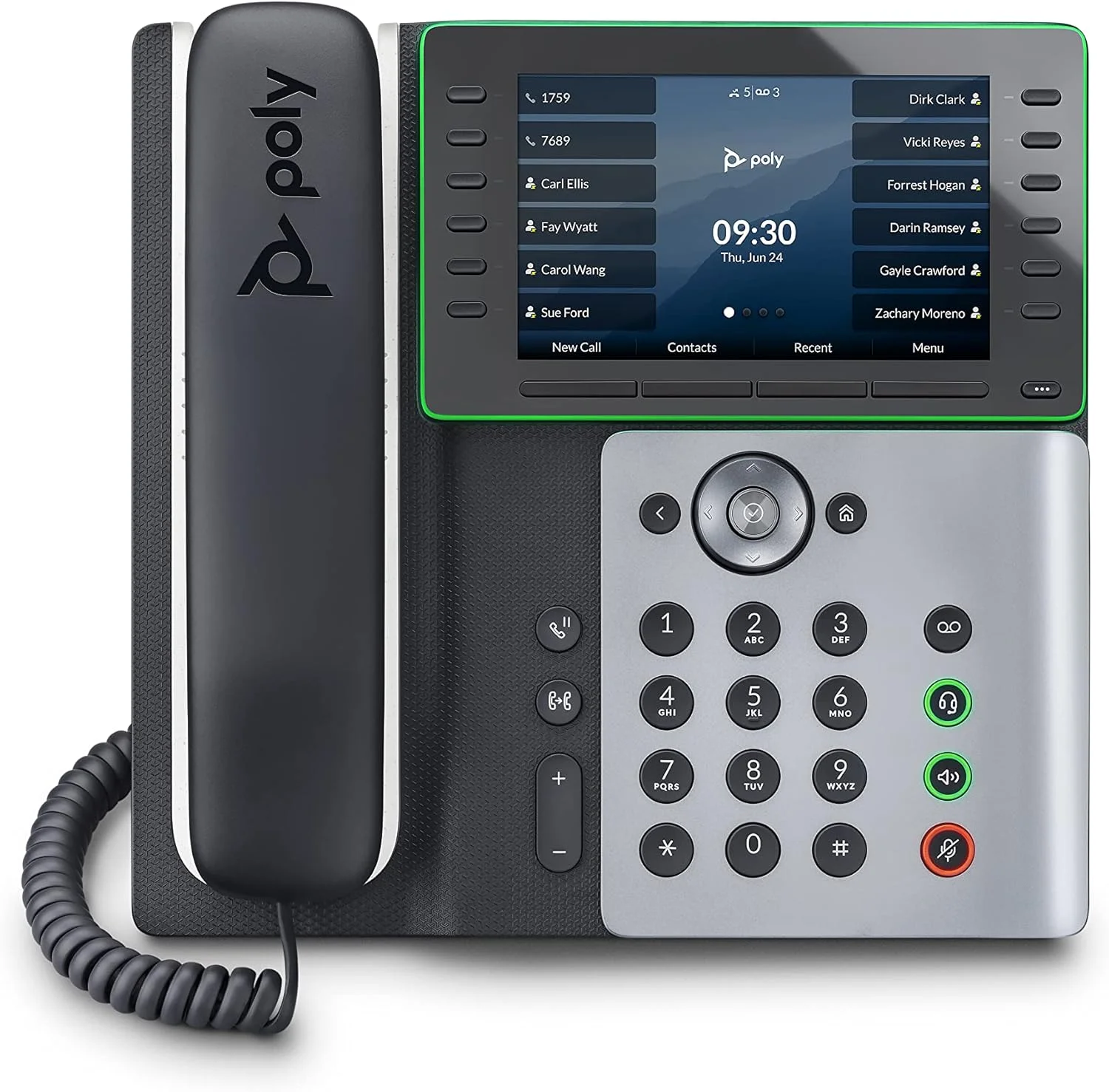 تلفن رومیزی تحت شبکه Poly Edge E500 (Plantronics + Polycom) طراحی شده برای کار ترکیبی، دارای ۱۲ کلید خط برای حداکثر ۴۸ خط، تبدیل متن به گفتار و گزینه های دسترسی جدید