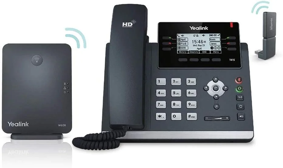 تلفن رومیزی آی پی دکت و ایستگاه پایه Yealink W41P. ال سی دی گرافیکی 2.7 اینچی. اترنت 10/100 دو پورت، 802.3af PoE، آداپتور برق شامل