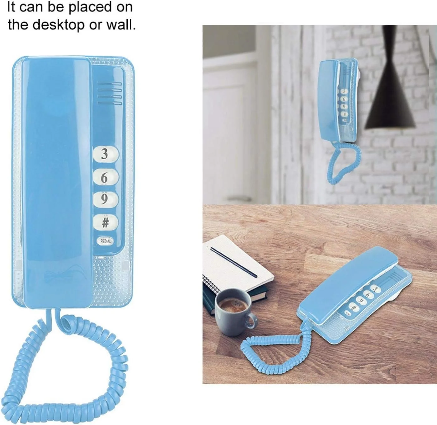 تلفن دیواری کوچک Diyeeni، تلفن رومیزی سیمی با قابلیت Flash و قطع صدا، رابط RJ45 با تغذیه از خط تلفن، تلفن خانگی برای هتل، خانواده، مدرسه (آبی)