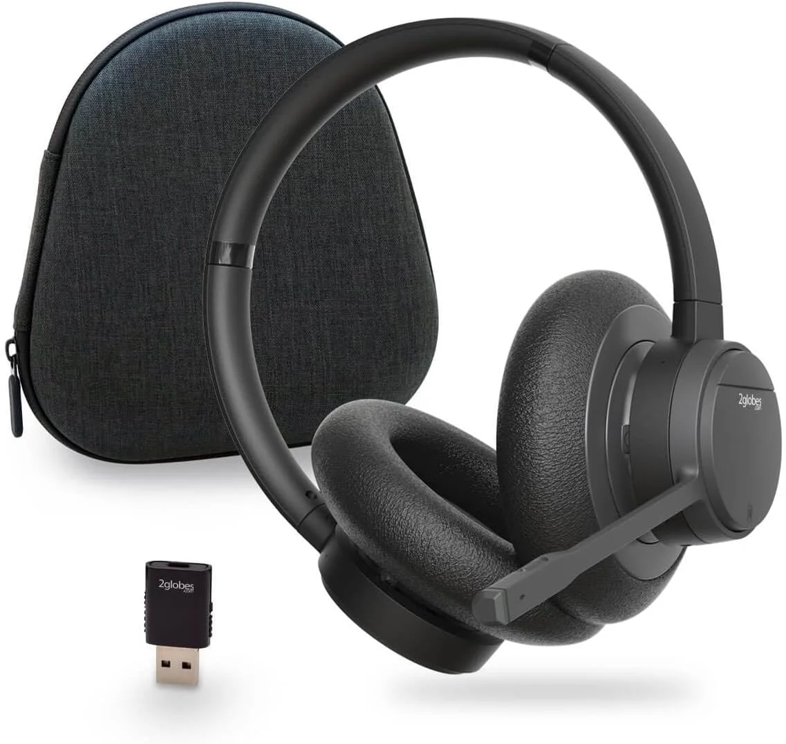 هدست بلوتوث و DECT با طراحی دانمارکی 2globes Hybrid X با قابلیت حذف نویز فعال (ANC) و حذف نویز محیطی (ENC)، شامل دانگل USB A و کیف سخت. به راحتی با کامپیوتر و دستگاه های تلفن همراه جفت می شود، برد تا 150 متر، مشکی