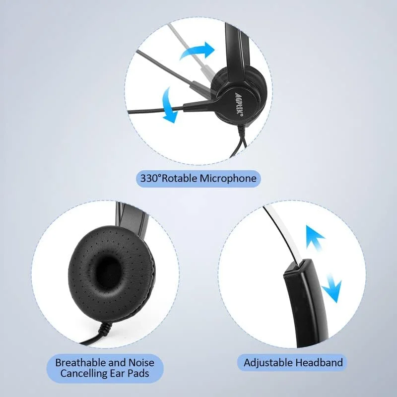 هدست تلفن دو گوش سیم دار AGPtEK با قابلیت حذف نویز و میکروفون برای تلفن های رومیزی - خدمات مشاوره تلفنی، بیمه، بیمارستان