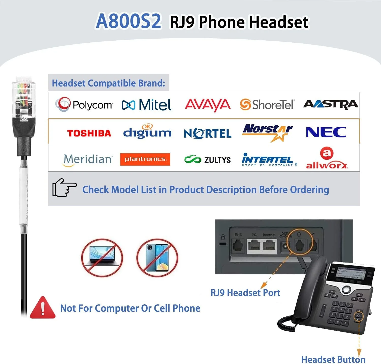 هدست تلفن Arama با میکروفون حذف نویز، هدست RJ9 اداری سازگار با تلفن های رومیزی Polycom VVX411 Avaya 9508 Mitel 5312 ShoreTel BT Converse NEC Fanvil