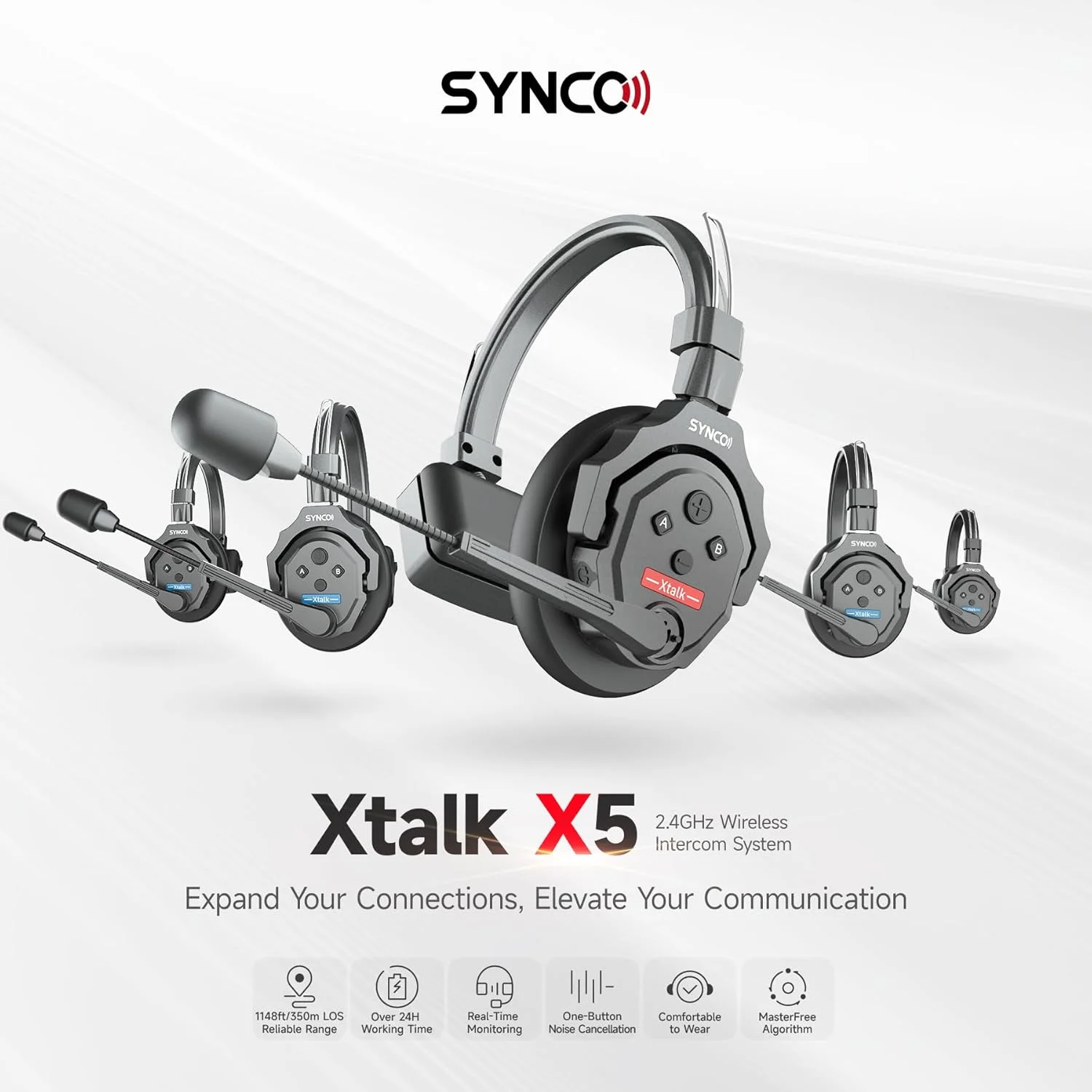 سیستم اینترکام هدست بی سیم SYNCO XTalk X5، 2.4 گیگاهرتز فول دوبلکس 350 متر مانیتورینگ بلادرنگ، عمر باتری 20 ساعته هدست تلفن برای ارتباط تیمی 5 نفره