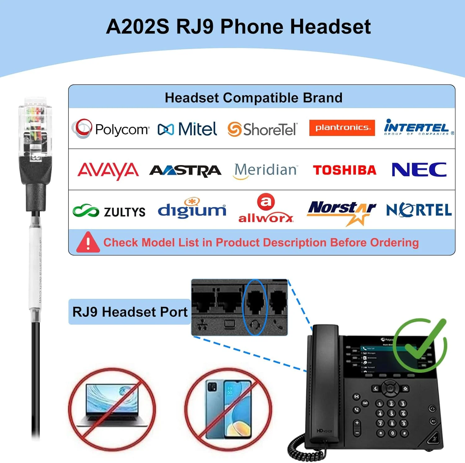 هدست تلفن Arama RJ9 با میکروفون حذف نویز، هدست تلفن اداری مناسب برای تلفن های Polycom VVX410 VVX411 Avaya 1408 Mitel 5312 ShoreTel Alcatel Lucent NEC Fanvil