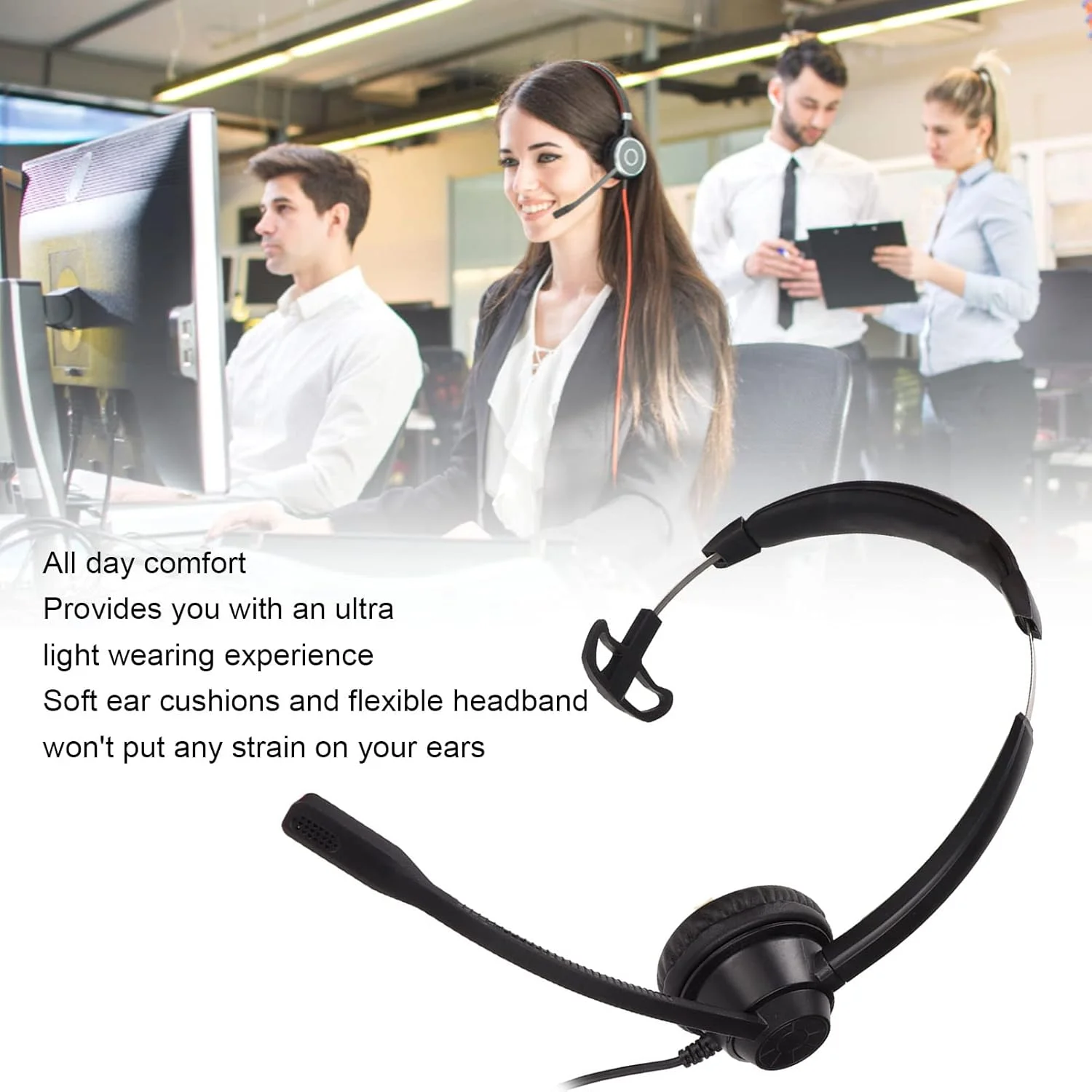 هدست ارتباطی دو گوشی، هدست اداری مشکی نرم و با کاربری آسان با قابلیت حذف نویز برای خدمات مشتریان اداری