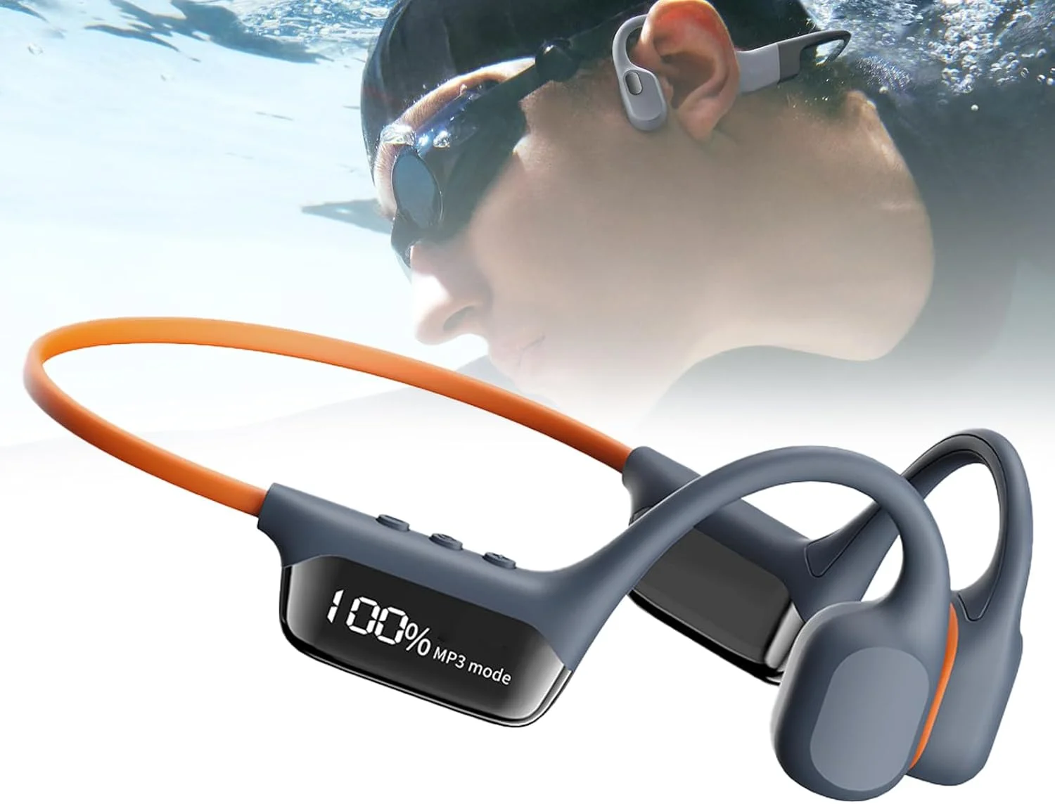 هدفون شنا با فناوری انتقال استخوانی - ضد آب IP68، پخش کننده MP3 داخلی 32 گیگابایتی، باتری 6 ساعته با نمایشگر LED برای شنا، دویدن، دوچرخه سواری و رانندگی، خاکستری